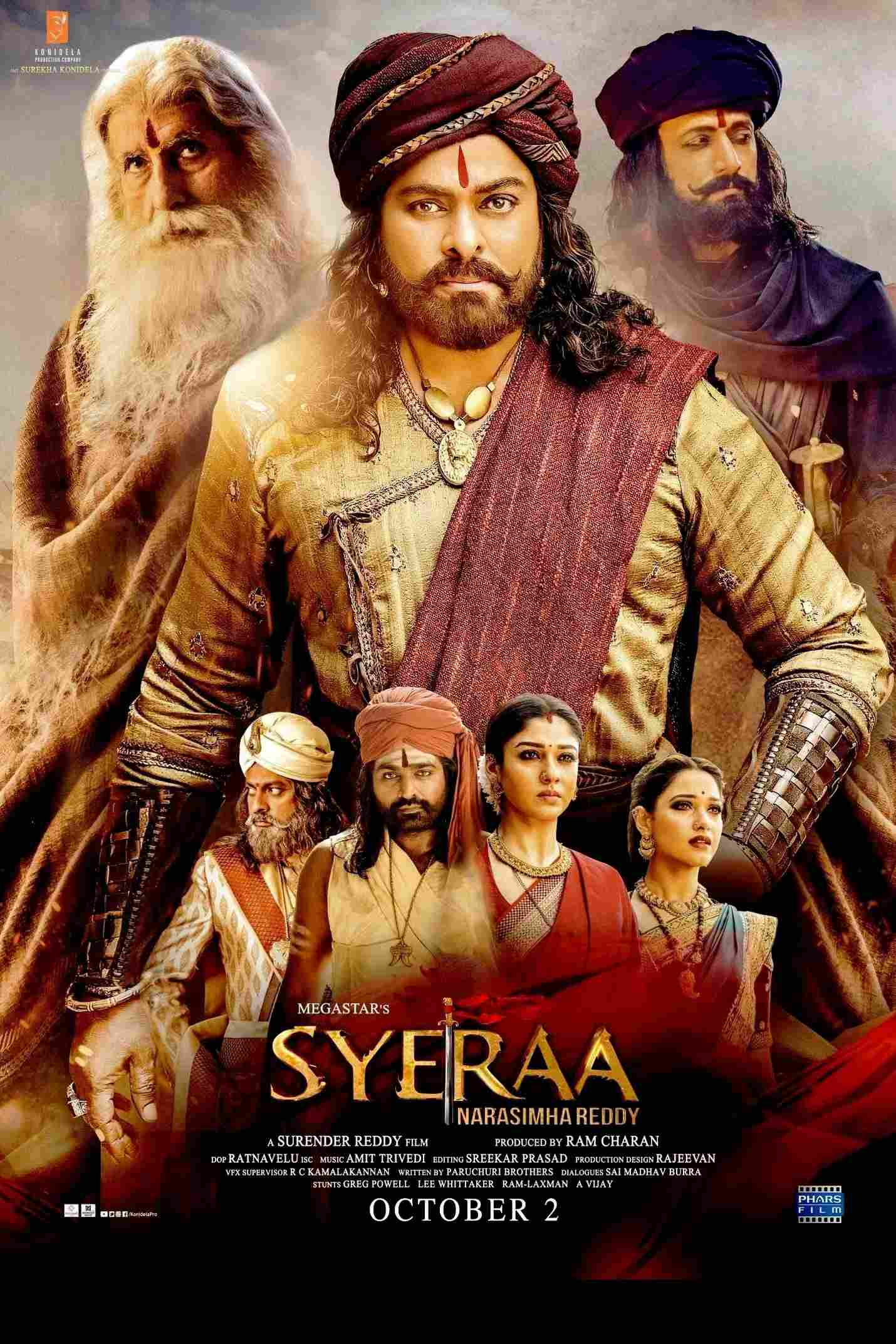 Poster chính thức của phim Phim Tâm Lý, Phim Lịch Sử "Cuộc Nổi Dậy Của Lãnh Chúa Narasimha Reddy" (Sye Raa Narasimha Reddy - 2019), với sự tham gia của diễn viên Chiranjeevi và Sudeep.