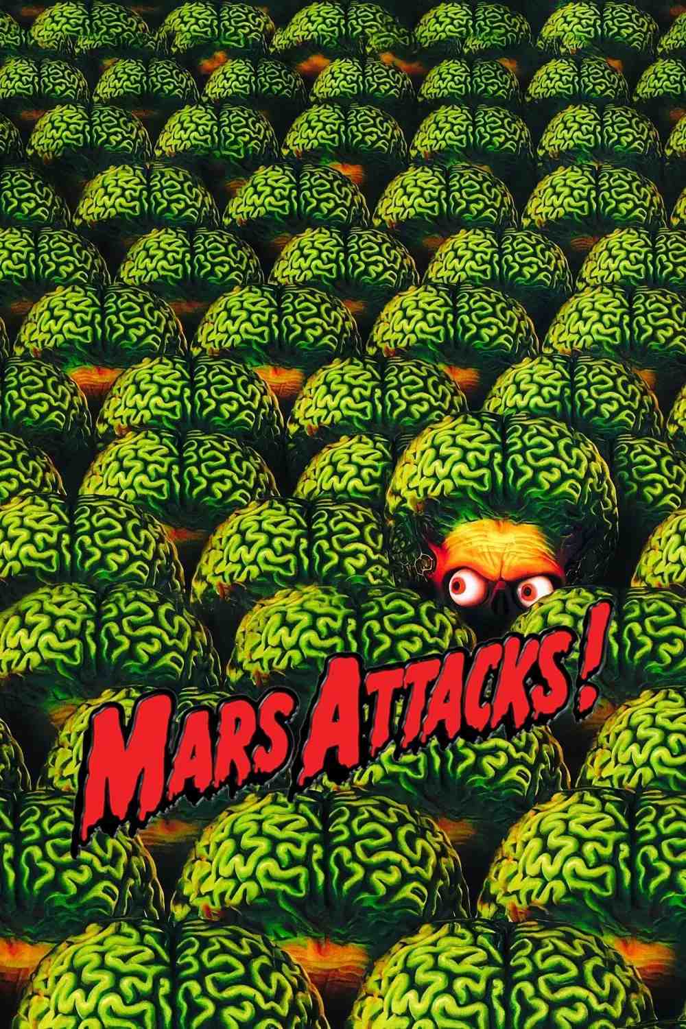 Poster chính thức của phim Phim Hài, Phim Giả Tượng "Cuộc Tấn Công Từ Sao Hỏa" (Mars Attacks! - 1996), với sự tham gia của diễn viên Jack Nicholson và Glenn Close.