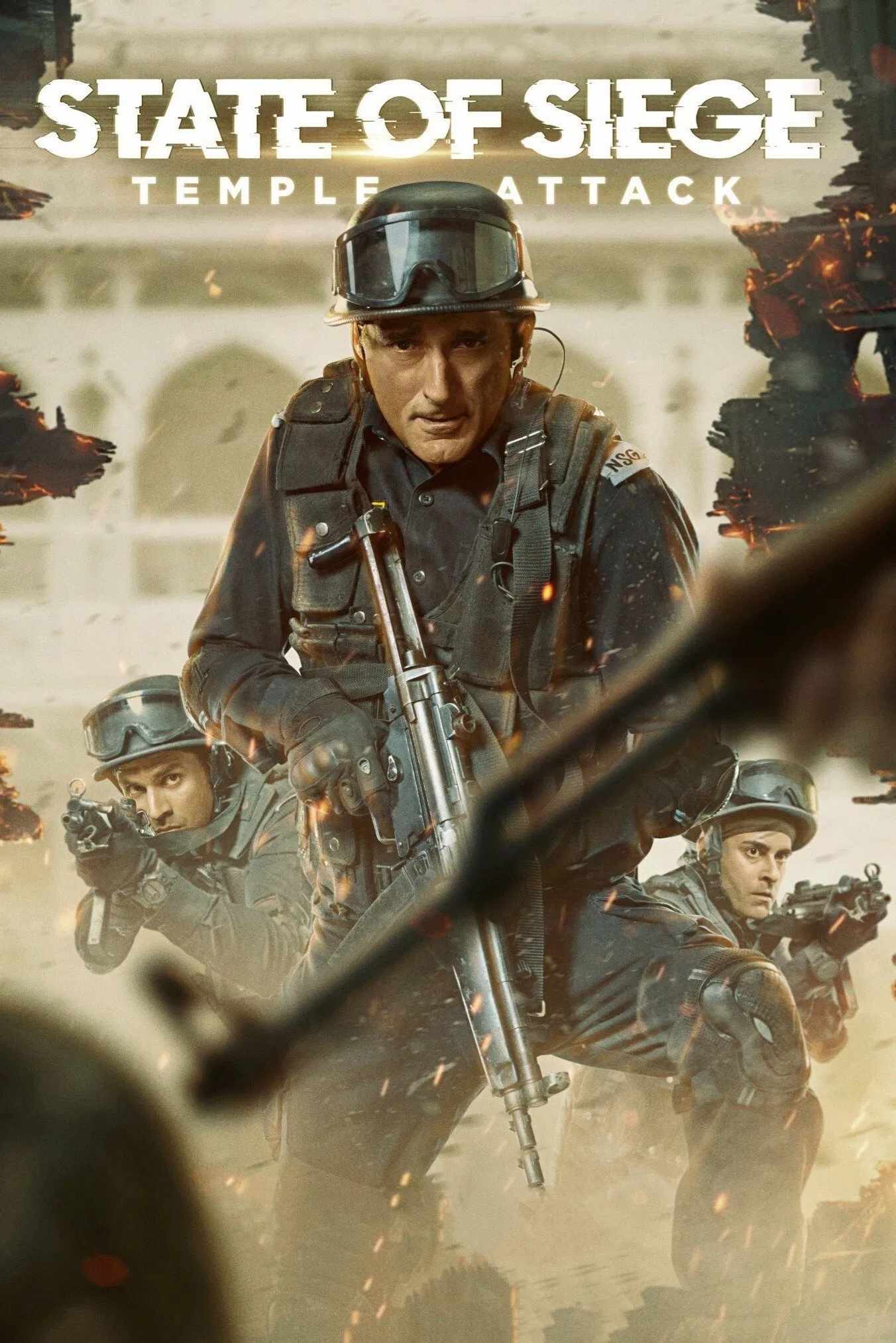 Poster chính thức của phim Phim Hành Động, Phim Tâm Lý "Cuộc Tấn Công Vào Đền State of Siege" (Akshardham: Operation Vajra Shakti - 2025), với sự tham gia của diễn viên Akshaye Khanna và Gautam Rode.