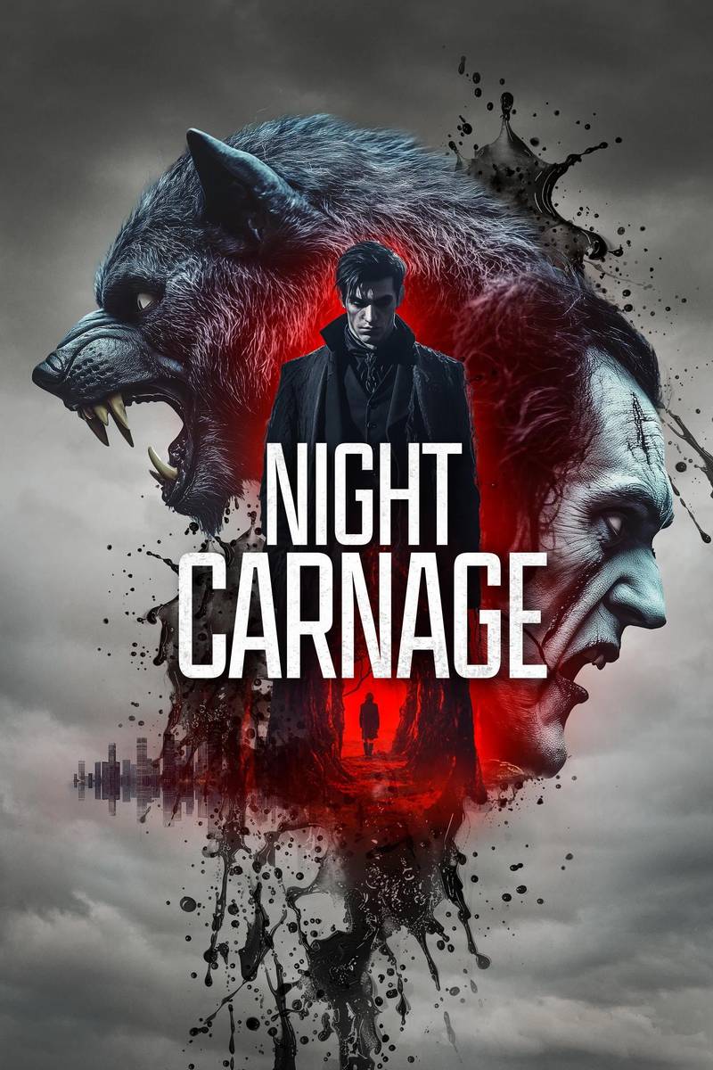 Poster chính thức của phim Phim Hành Động, Phim Kinh Dị "Cuộc Tàn Sát Bóng Đêm" (Night Carnage - 2025), với sự tham gia của diễn viên Sadie Katz và Christian Howard.