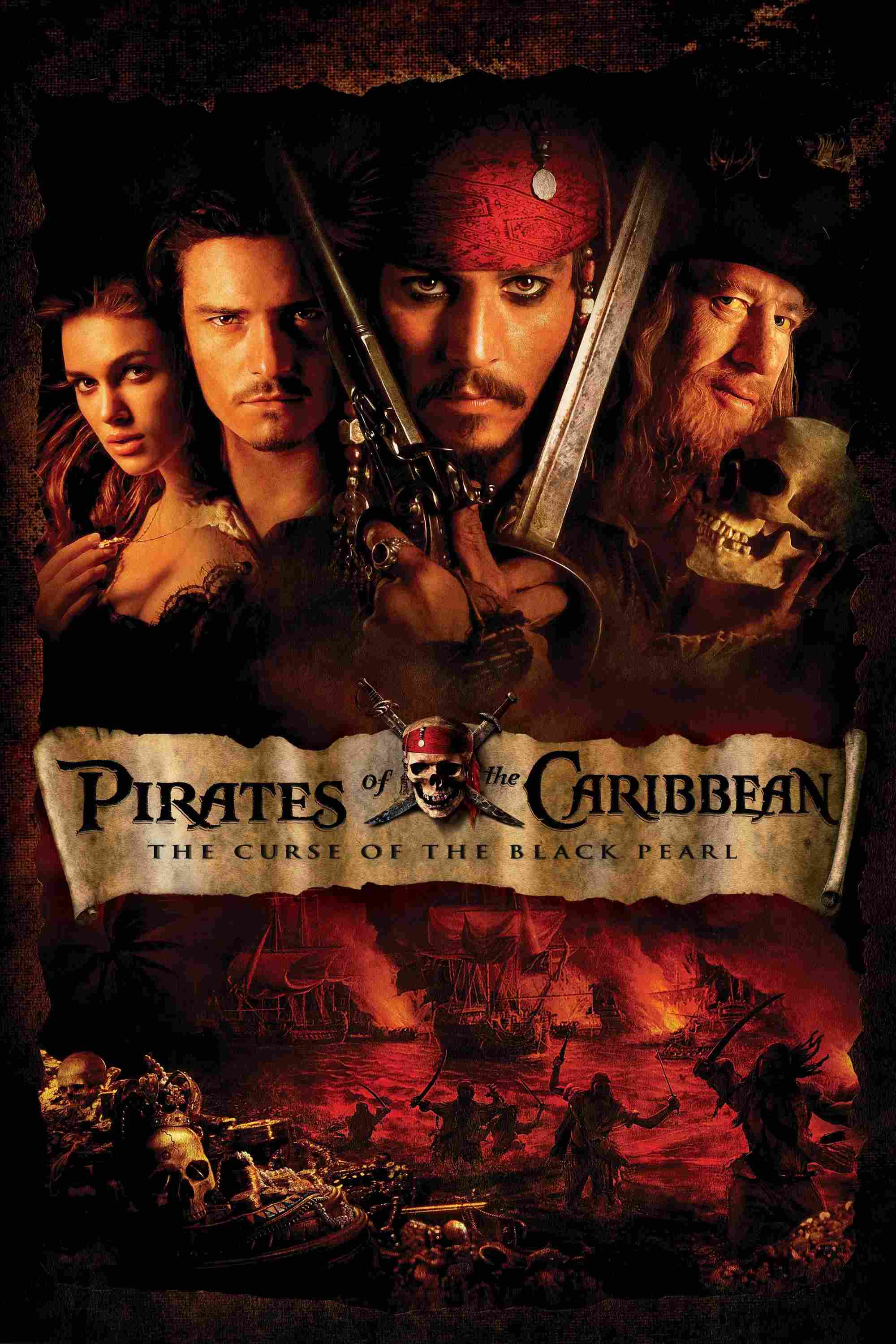 Poster chính thức của phim Phim Phiêu Lưu, Phim Giả Tượng "Cướp biển vùng Caribbe (Phần 1): Lời Nguyền Của Tàu Ngọc Trai Đen" (Pirates of the Caribbean: The Curse of the Black Pearl - 2003), với sự tham gia của diễn viên Johnny Depp và Geoffrey Rush.