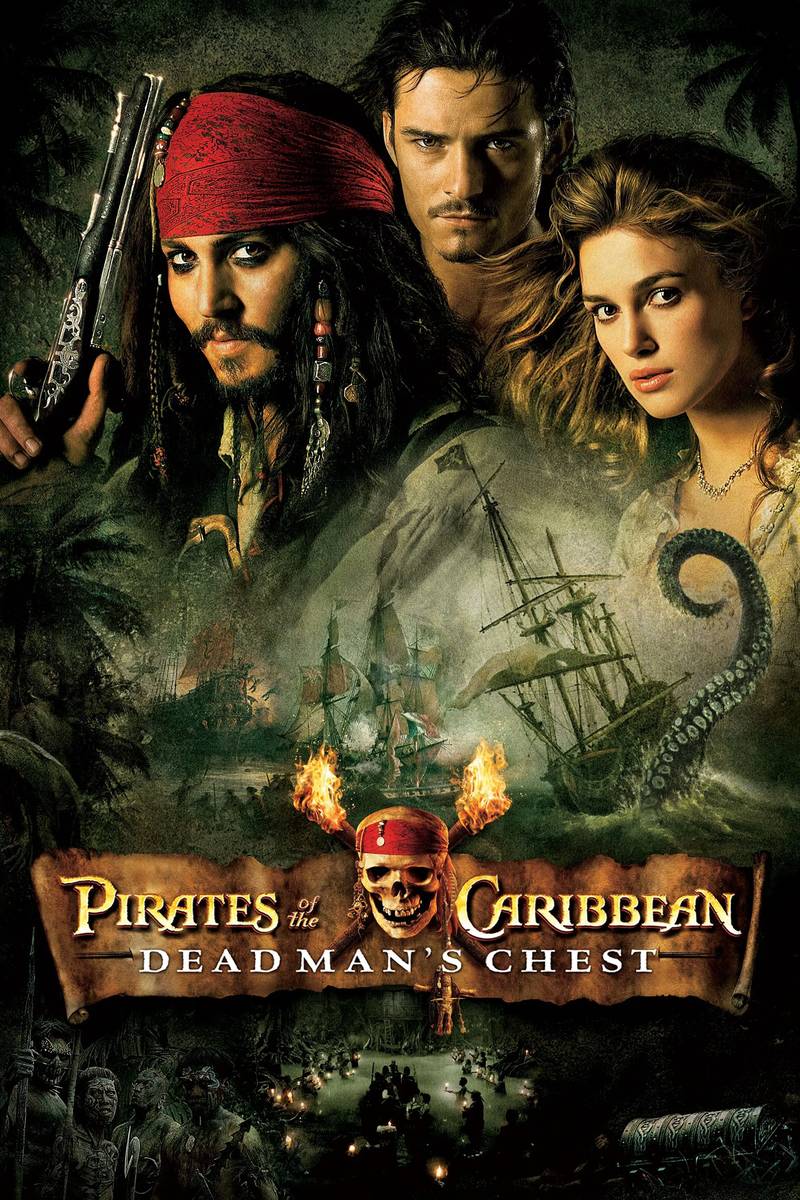 Poster chính thức của phim Phim Phiêu Lưu, Phim Giả Tượng "Cướp biển vùng Caribbe (Phần 2): Chiếc rương tử thần" (Pirates of the Caribbean: Dead Man's Chest - 2006), với sự tham gia của diễn viên Johnny Depp và Orlando Bloom.