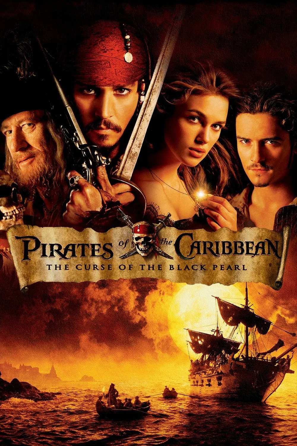 Poster chính thức của phim Phim Phiêu Lưu, Phim Giả Tượng "Cướp Biển Vùng Caribbean: Lời Nguyền Tàu Ngọc Trai Đen" (Pirates of the Caribbean: The Curse of the Black Pearl - 2003), với sự tham gia của diễn viên Johnny Depp và Geoffrey Rush.
