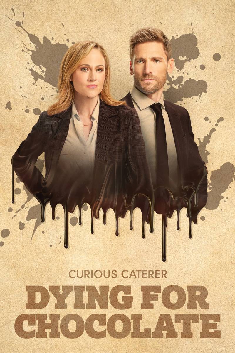 Poster chính thức của phim Phim Truyền Hình, Phim Bí Ẩn "Curious Caterer: Cạm bẫy sô cô la" (Curious Caterer: Dying for Chocolate - 2022), với sự tham gia của diễn viên Nikki DeLoach và Andrew W. Walker.