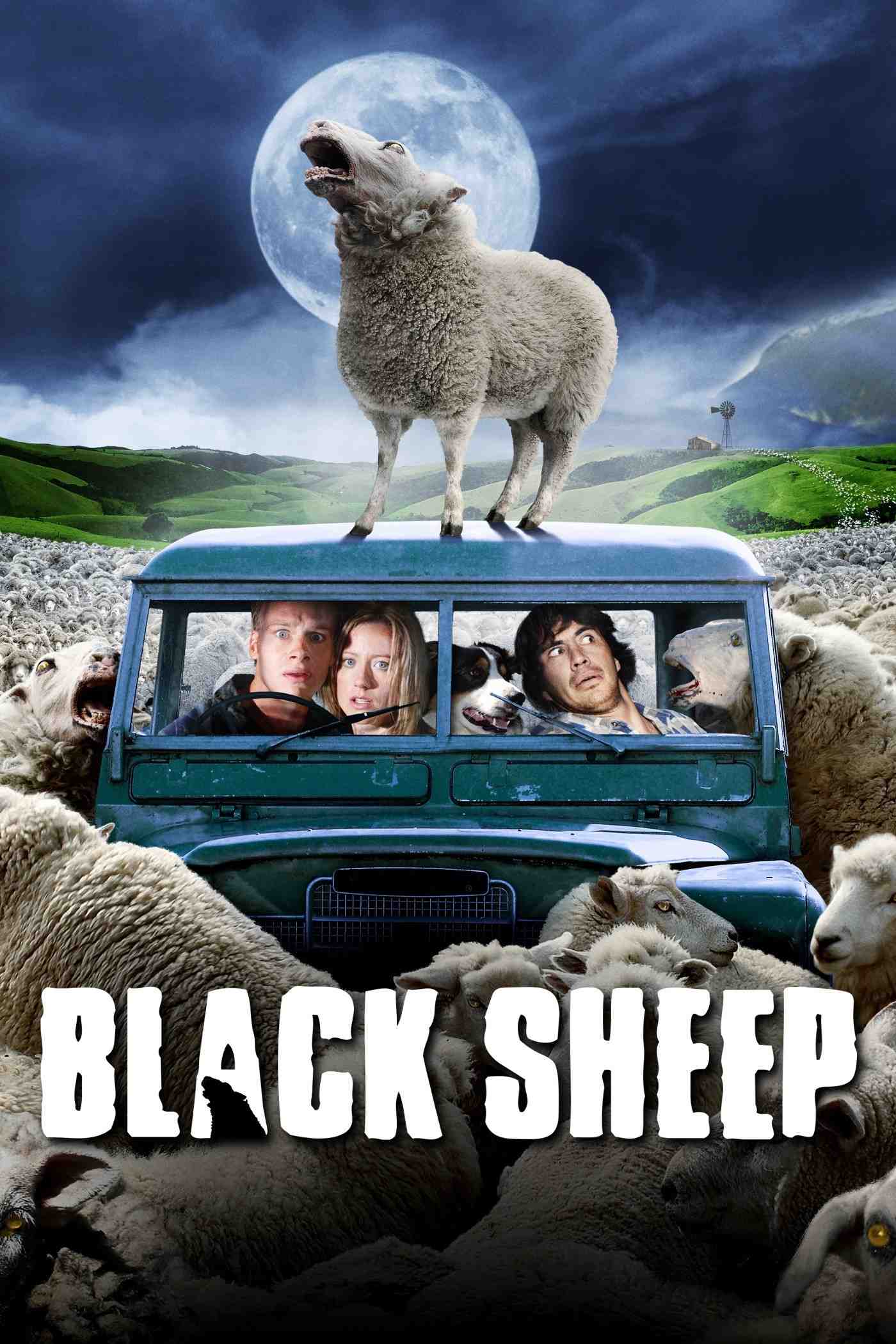 Poster chính thức của phim Phim Kinh Dị, Phim Hài "Cừu Ăn Thịt Người" (Black Sheep - 2006), với sự tham gia của diễn viên Nathan Meister và Peter Feeney.