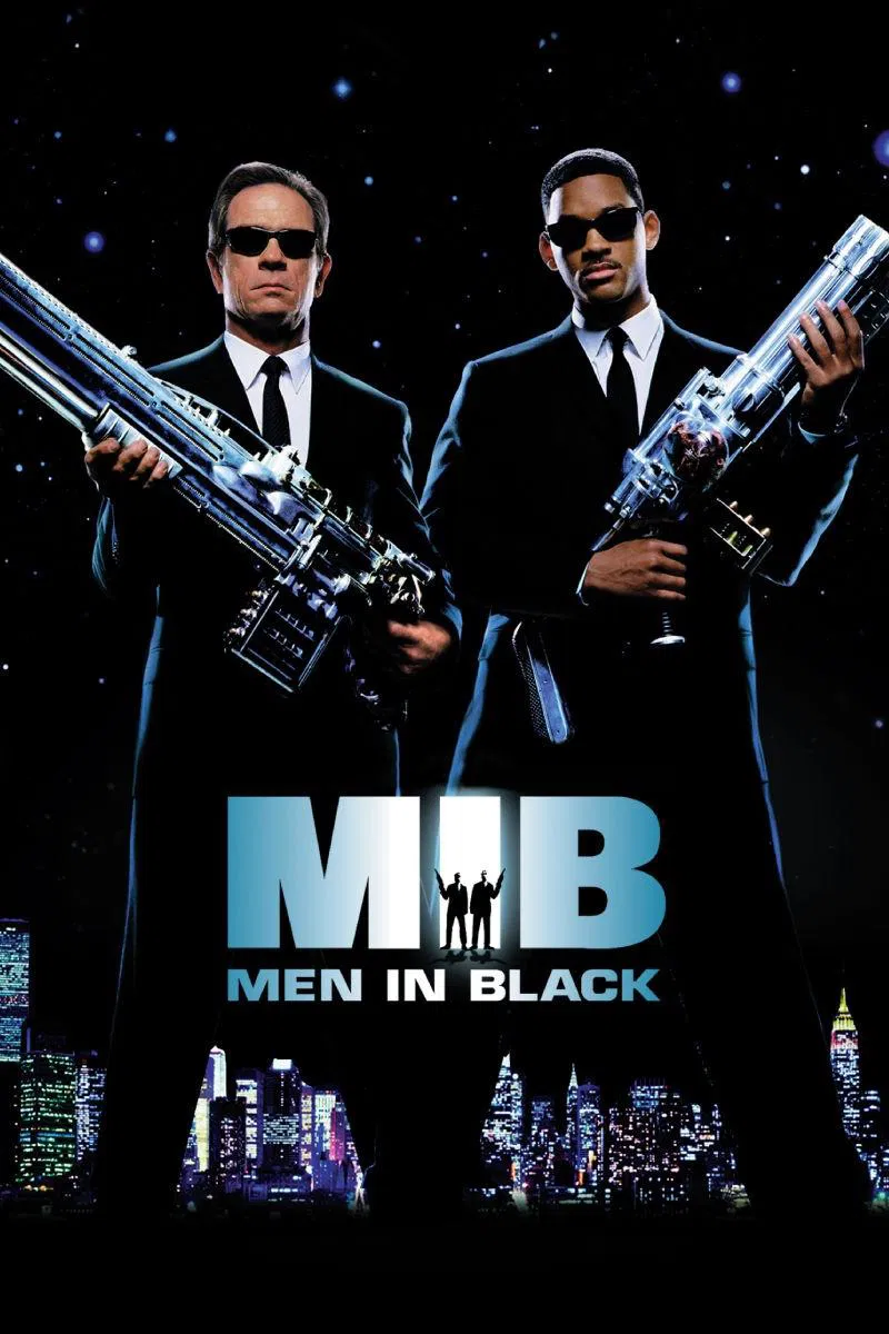 Poster chính thức của phim Phim Hành Động, Phim Phiêu Lưu "Đặc Vụ Áo Đen" (Men in Black - 1997), với sự tham gia của diễn viên Tommy Lee Jones và Will Smith.