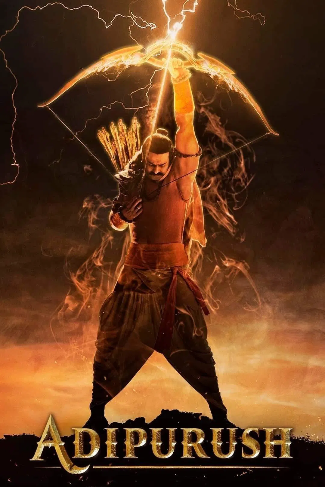 Poster chính thức của phim Phim Hành Động, Phim Phiêu Lưu "Đại Chiến Người Và Thần" (Adipurush - 2023), với sự tham gia của diễn viên Prabhas và Saif Ali Khan.