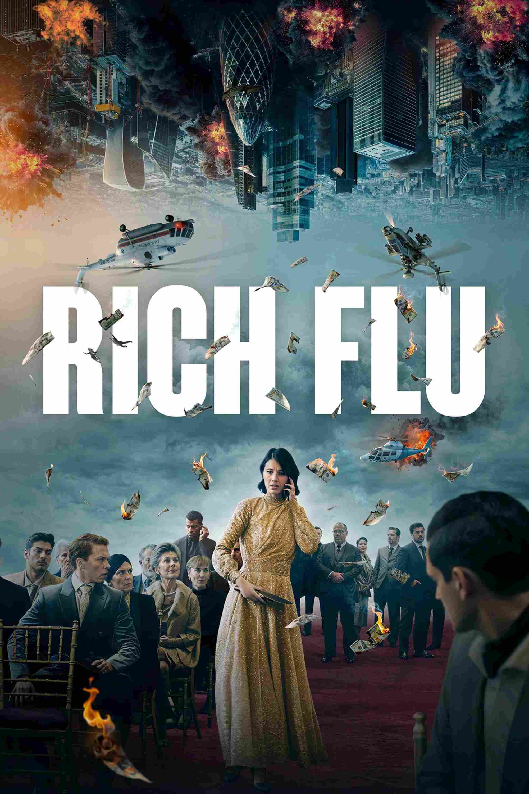 Poster chính thức của phim Phim Giật Gân, Phim Viễn Tưởng "Đại Dịch Chốn Phù Hoa" (Rich Flu - 2024), với sự tham gia của diễn viên Mary Elizabeth Winstead và Rafe Spall.