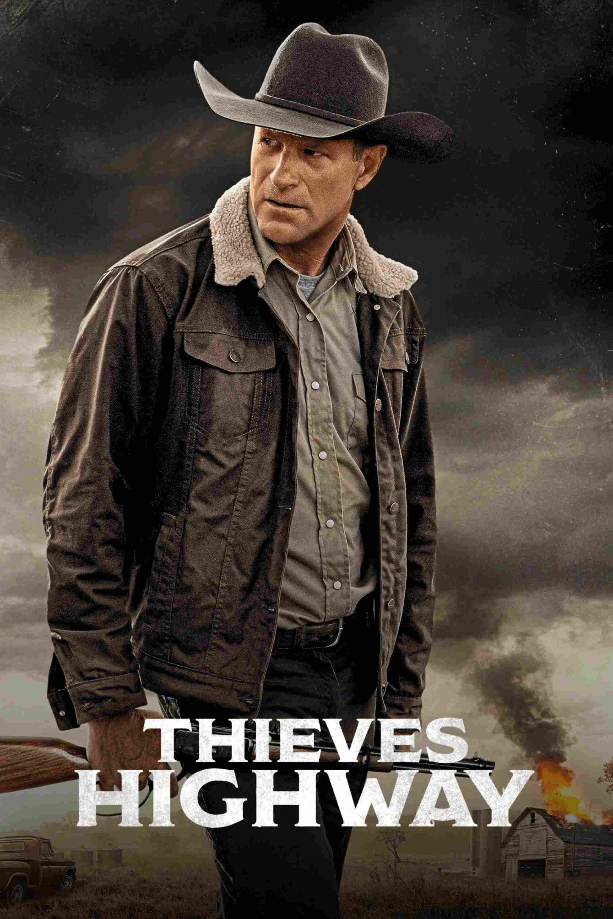 Poster chính thức của phim Phim Hành Động, Phim Hình Sự "Đại Lộ Đạo Tặc" (Thieves Highway - 2025), với sự tham gia của diễn viên Aaron Eckhart và Devon Sawa.