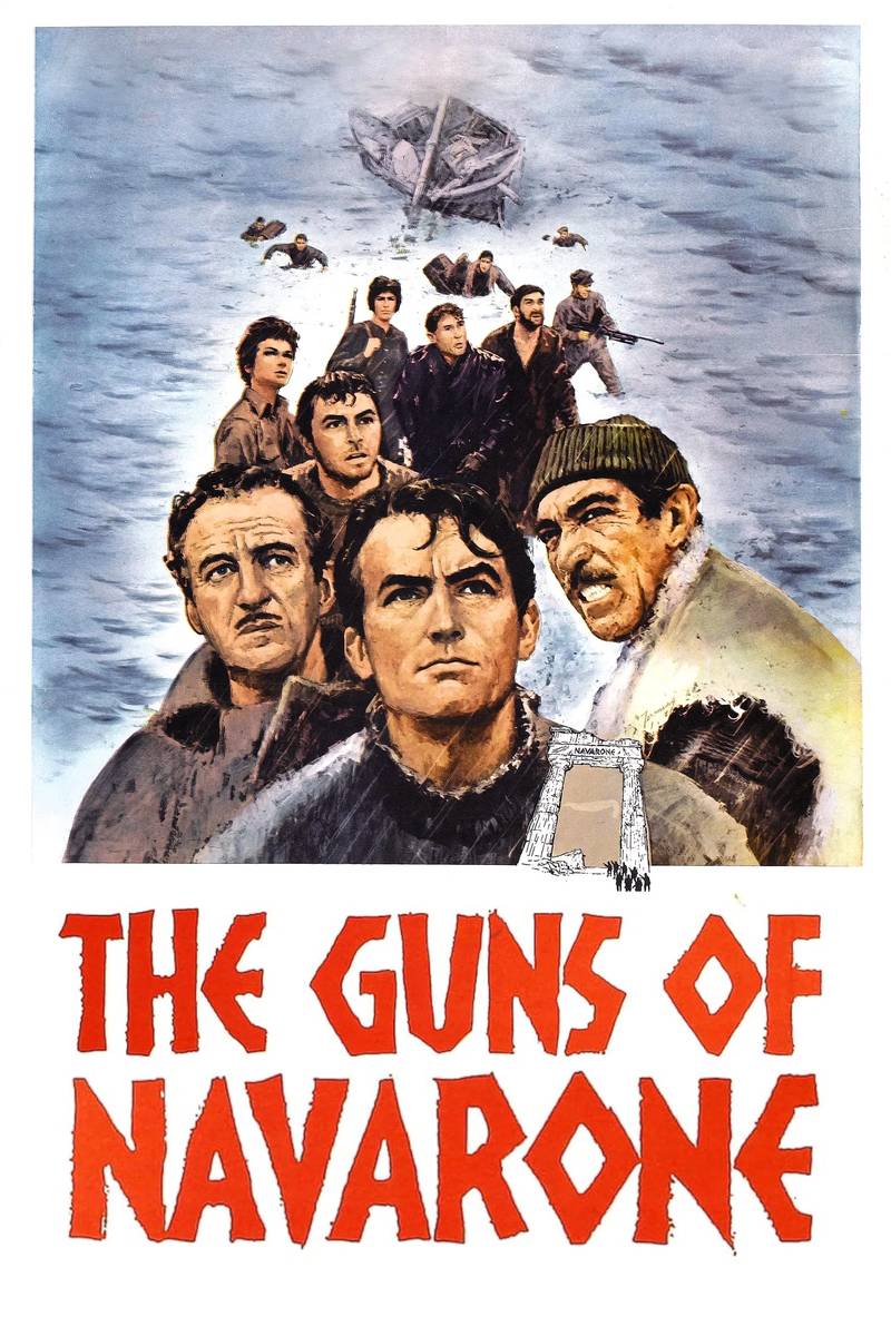 Poster chính thức của phim Phim Chiến Tranh, Phim Phiêu Lưu "Đại Pháo Thành Navarone" (The Guns of Navarone - 1961), với sự tham gia của diễn viên Gregory Peck và David Niven.