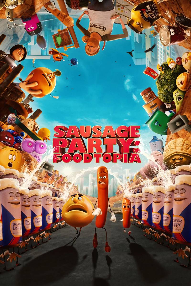 Poster chính thức của phim Phim Hoạt Hình, Phim Hài "Đại Tiệc Xúc Xích: Thiên Đường Thức Ăn" (Sausage Party: Foodtopia - 2024), với sự tham gia của diễn viên Seth Rogen và Kristen Wiig.