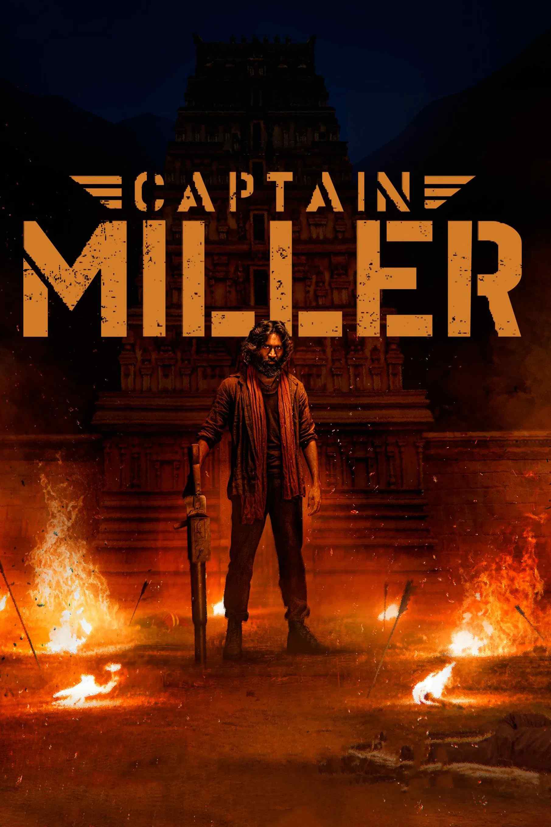 Poster chính thức của phim Phim Hành Động, Phim Chiến Tranh "Đại Uý Miller" (Captain Miller - 2024), với sự tham gia của diễn viên Dhanush và Priyanka Arul Mohan.