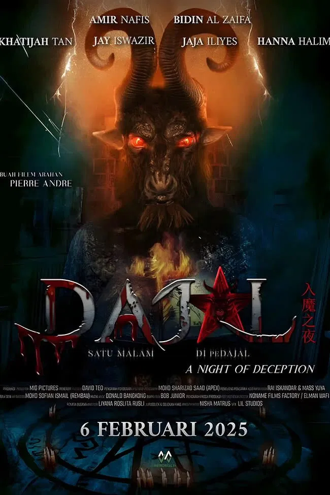 Poster chính thức của phim Phim Kinh Dị, Phim Giật Gân "Dajal: Đêm Lừa Dối" (Night of Deception - 2025), với sự tham gia của diễn viên Amir Nafis và Jay Iswazir.