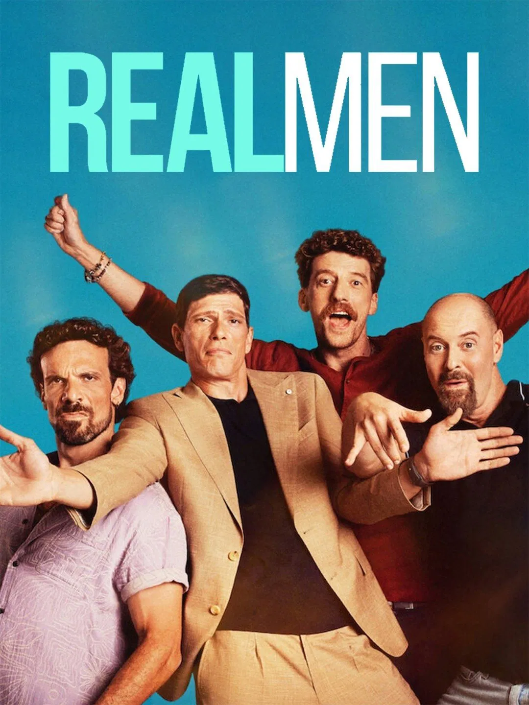 Poster chính thức của phim Phim Hài "Đàn Ông Đích Thực" (Real Men - 2025), với sự tham gia của diễn viên Maurizio Lastrico và Matteo Martari.