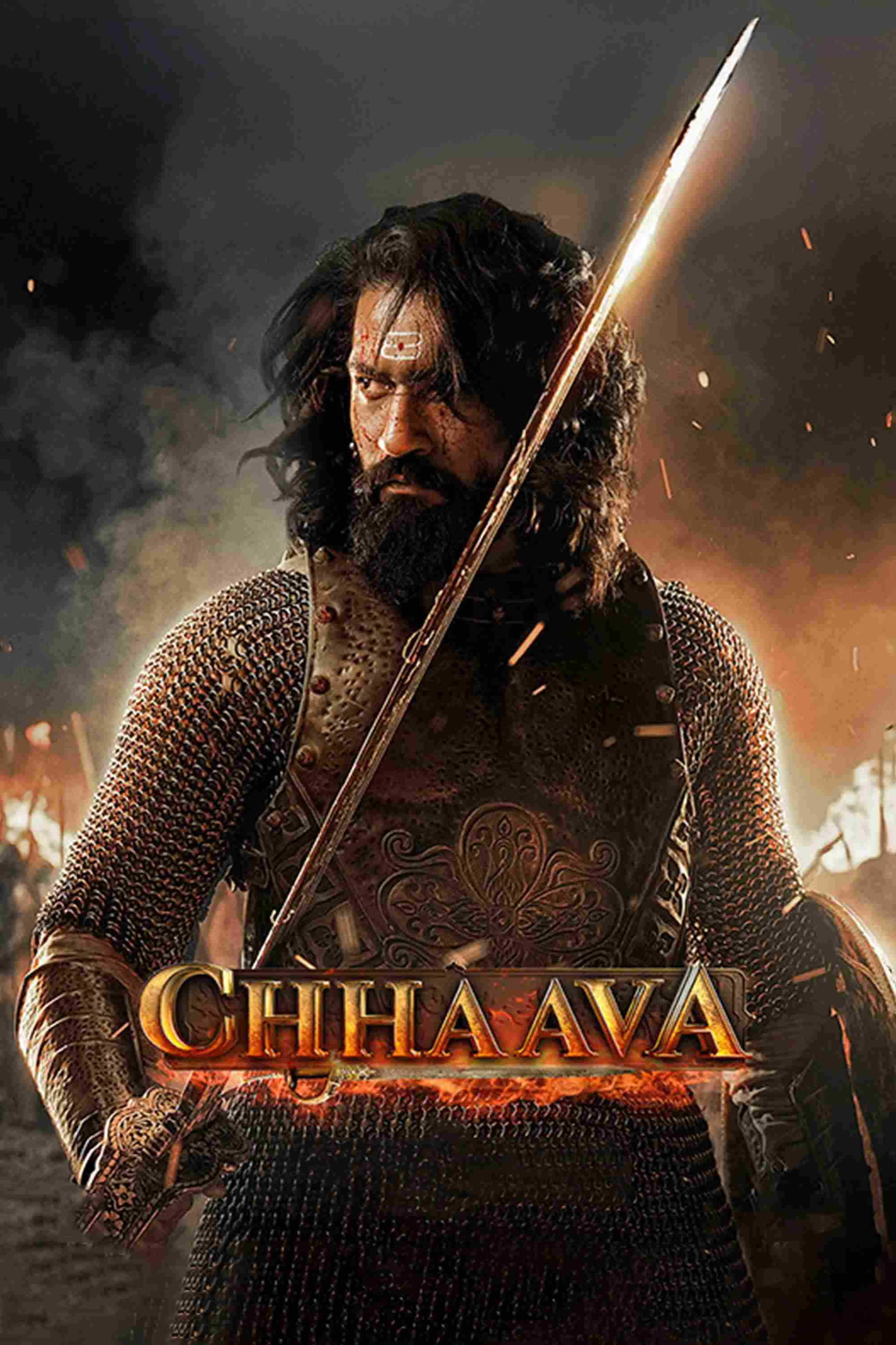 Poster chính thức của phim Phim Lịch Sử, Phim Hành Động "Đế Quốc Maratha: Cuộc Chiến Cuối Cùng" (Chhaava - 2025), với sự tham gia của diễn viên Vicky Kaushal và Rashmika Mandanna.