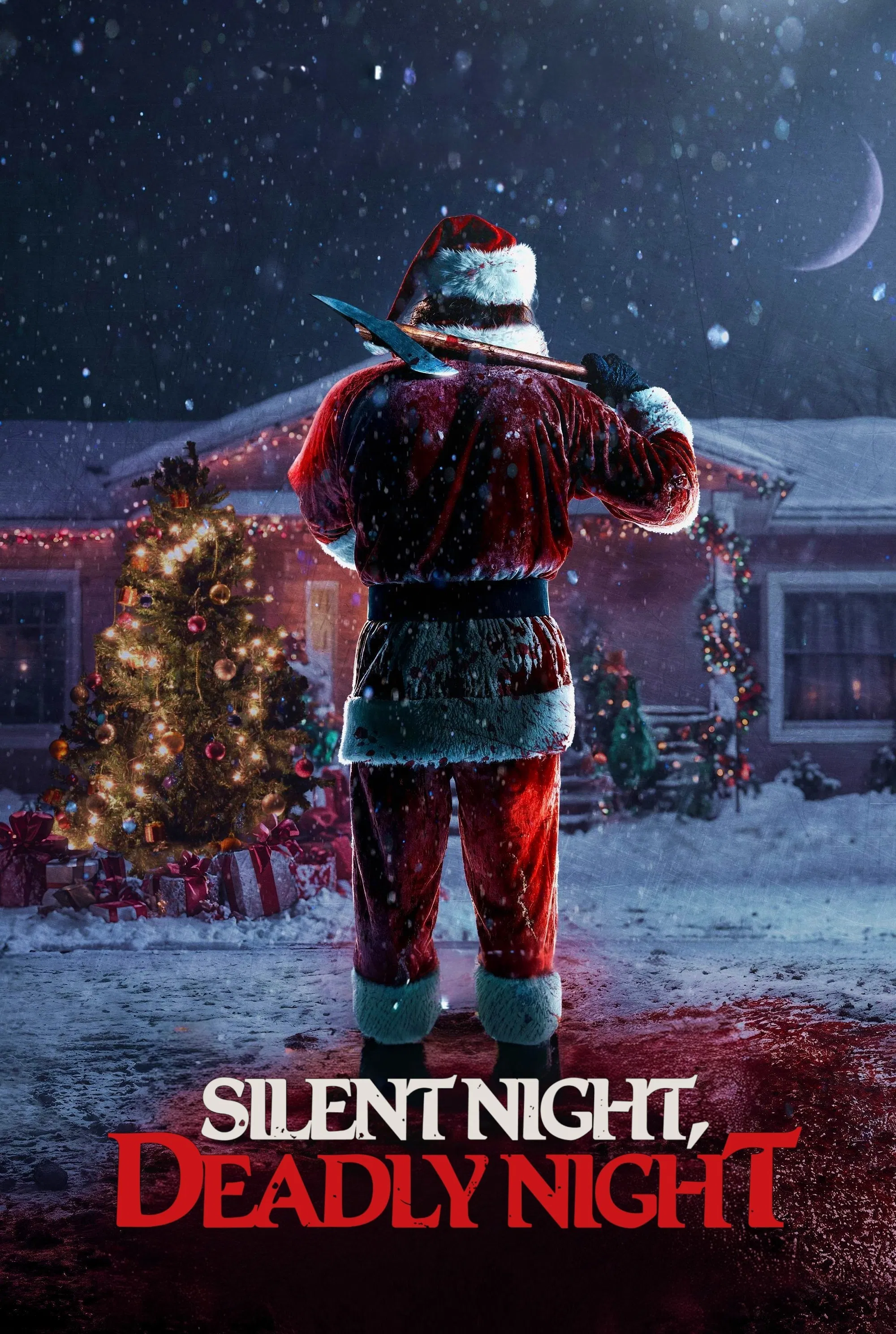 Poster chính thức của phim Phim Kinh Dị, Phim Giật Gân "Đêm Giáng Sinh Đẫm Máu" (Silent Night, Deadly Night - 2025), với sự tham gia của diễn viên Rohan Campbell và Ruby Modine.