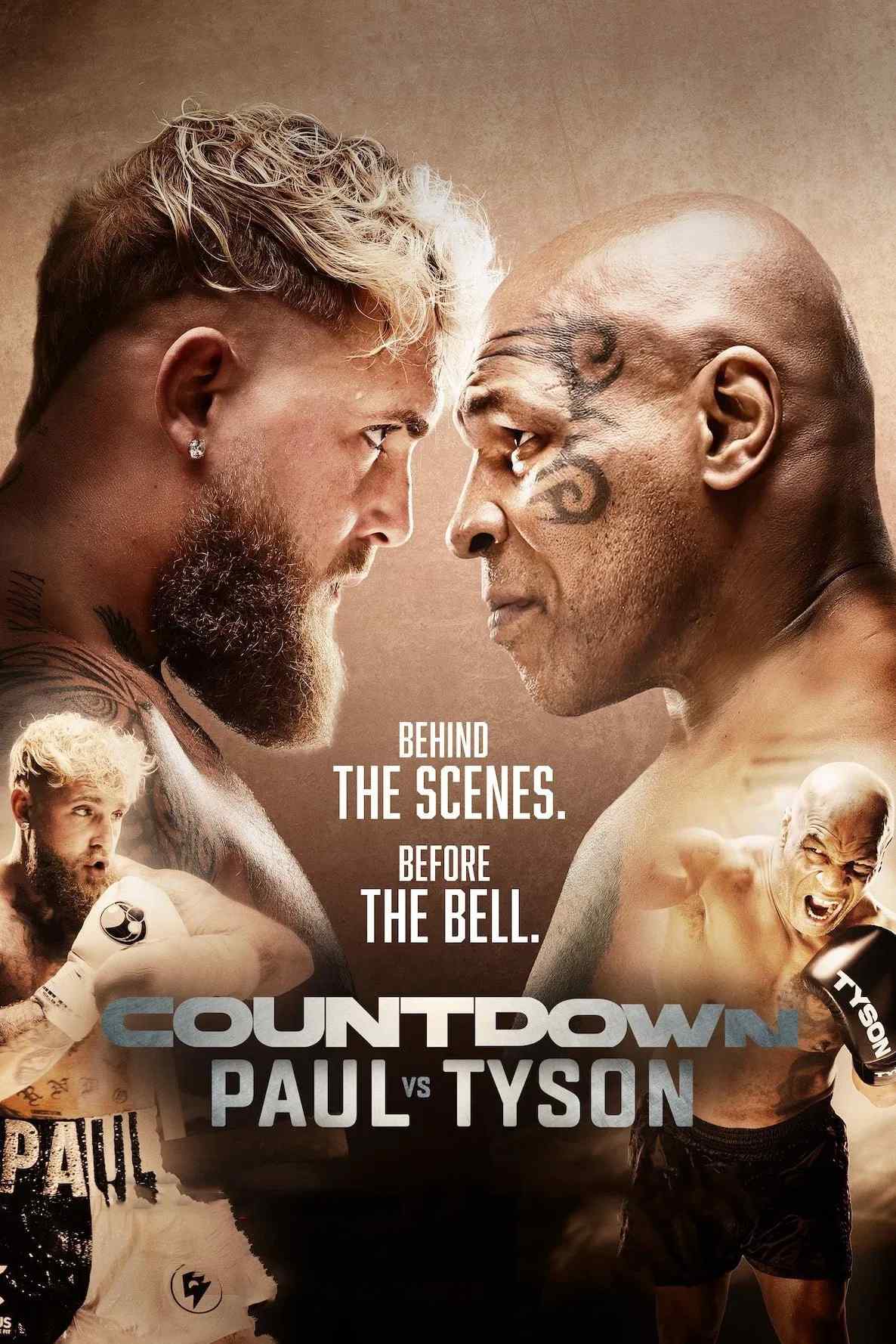 Poster chính thức của phim Phim Tài Liệu "Đếm ngược: Paul vs. Tyson" (Countdown: Paul vs. Tyson - 2024), với sự tham gia của diễn viên Mike Tyson và Jake Paul.