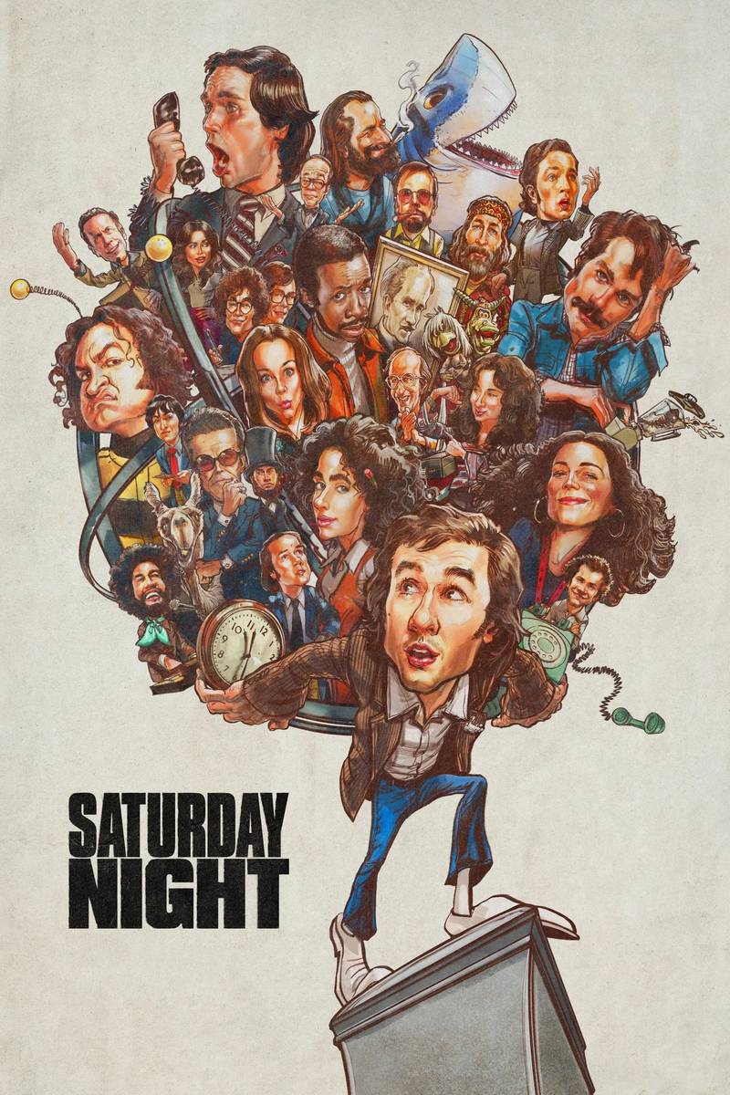 Poster chính thức của phim Phim Hài, Phim Tâm Lý "Đêm Thứ Bảy" (Saturday Night - 2024), với sự tham gia của diễn viên Gabriel LaBelle và Rachel Sennott.