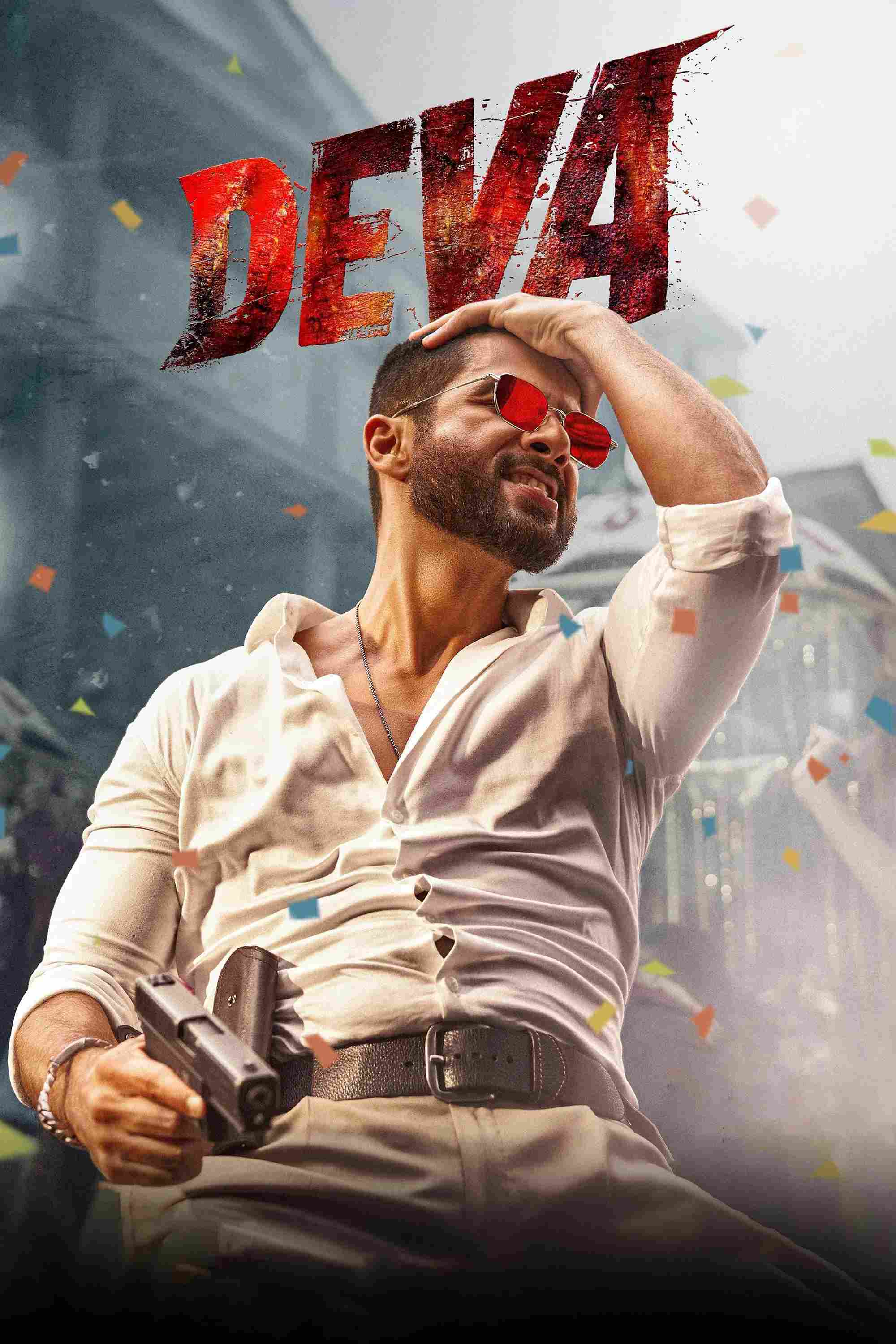 Poster chính thức của phim Phim Hành Động, Phim Giật Gân "Deva" (Deva - 2025), với sự tham gia của diễn viên Shahid Kapoor và Pooja Hegde.