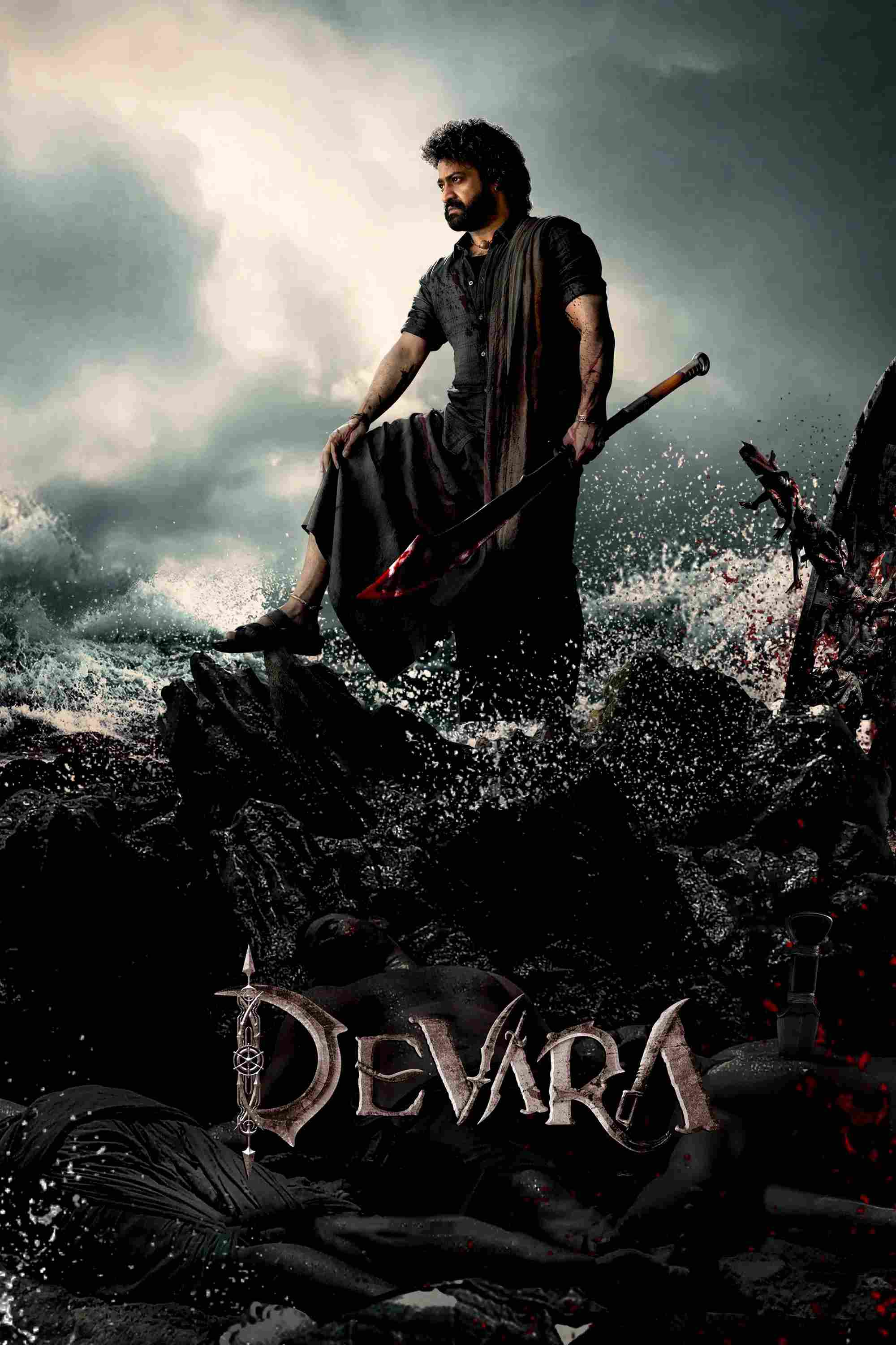 Poster chính thức của phim Phim Hành Động, Phim Tâm Lý "Devara: Part 1" (Devara: Part 1 - 2024), với sự tham gia của diễn viên N.T. Rama Rao Jr. và Saif Ali Khan.