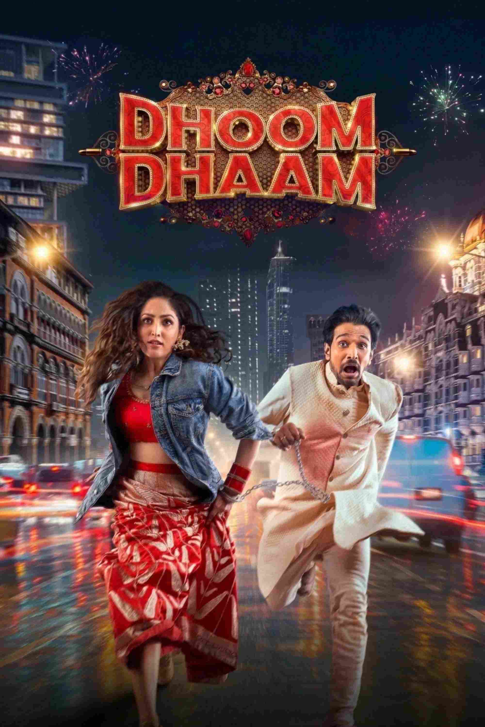 Poster chính thức của phim Phim Hài, Phim Tình Cảm "Dhoom Dhaam" (Dhoom Dhaam - 2025), với sự tham gia của diễn viên Yami Gautam và Pratik Gandhi.