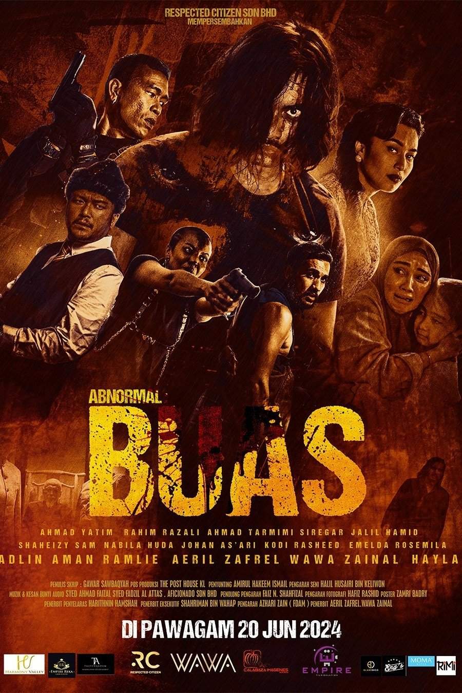 Poster chính thức của phim Phim Hành Động, Phim Giật Gân "Dị thường: Buas" (Abnormal: Buas - 2024), với sự tham gia của diễn viên Aeril Zafrel và Nabila Huda.