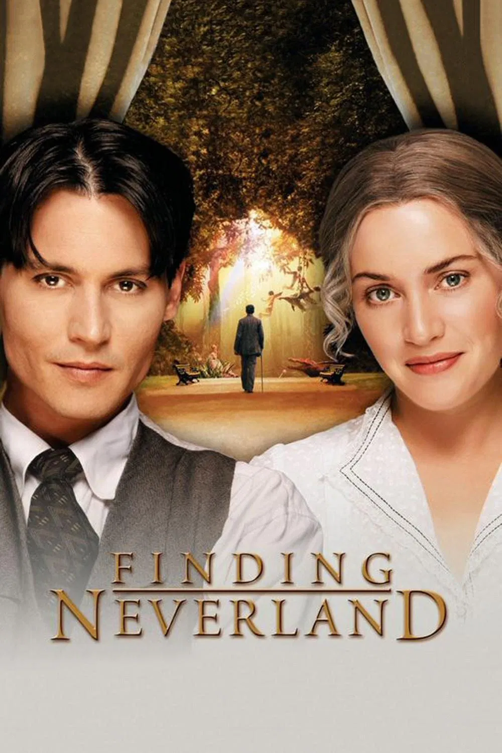 Poster chính thức của phim Phim Tâm Lý, Phim Giả Tượng "Đi Tìm Miền Đất Hứa" (Finding Neverland - 2004), với sự tham gia của diễn viên Johnny Depp và Kate Winslet.