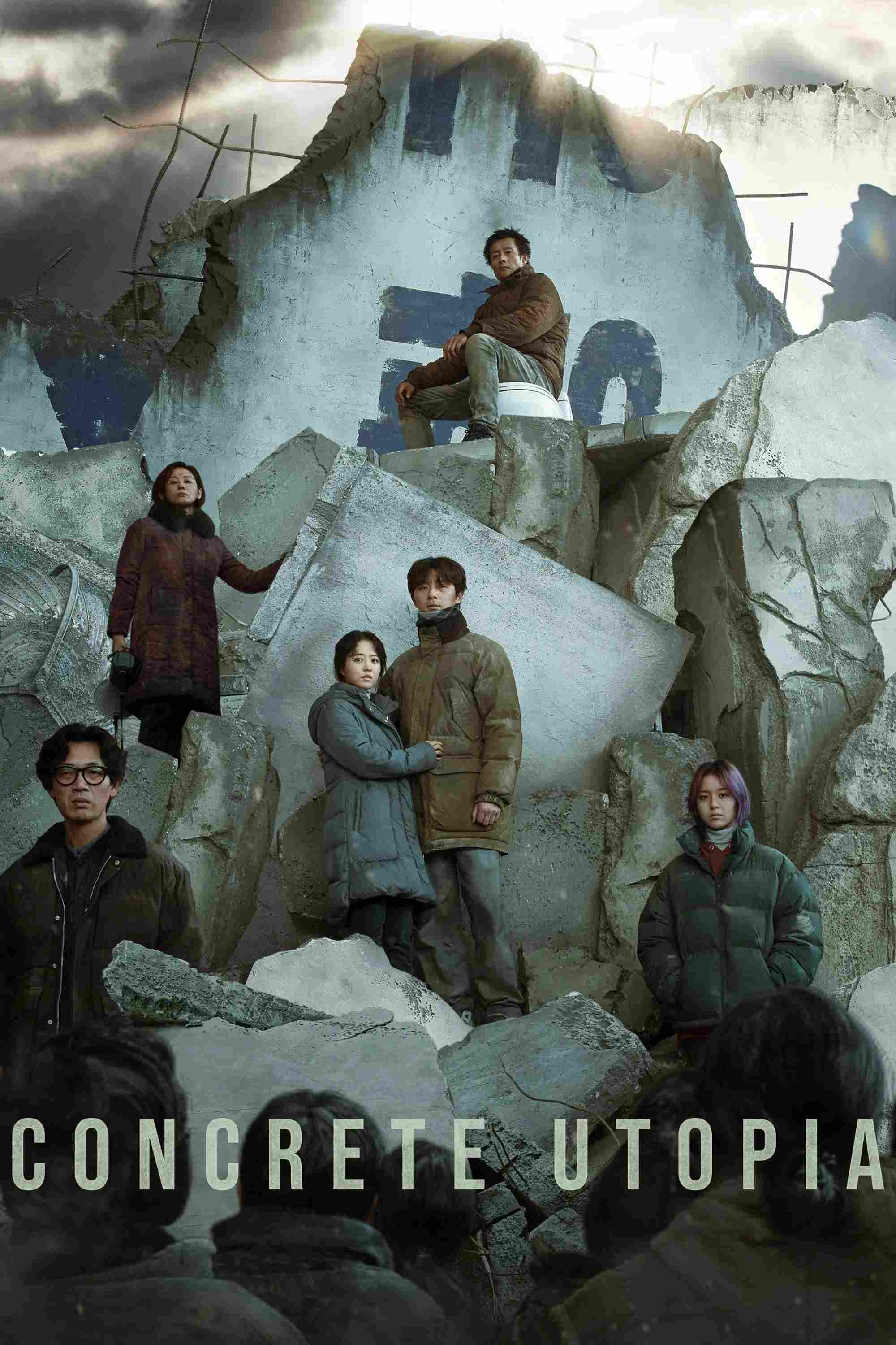 Poster chính thức của phim Phim Giật Gân, Phim Viễn Tưởng "Địa Đàng Sụp Đổ" (Concrete Utopia - 2023), với sự tham gia của diễn viên Lee Byung-hun và Park Seo-jun.