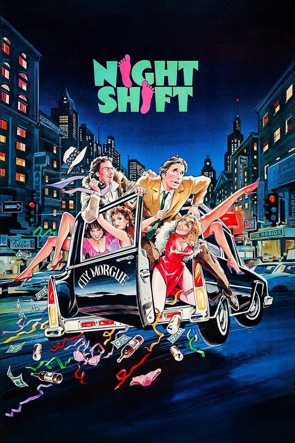 Poster chính thức của phim Phim Hài "Dịch Vụ Ca Đêm" (Night Shift - 1982), với sự tham gia của diễn viên Henry Winkler và Michael Keaton.