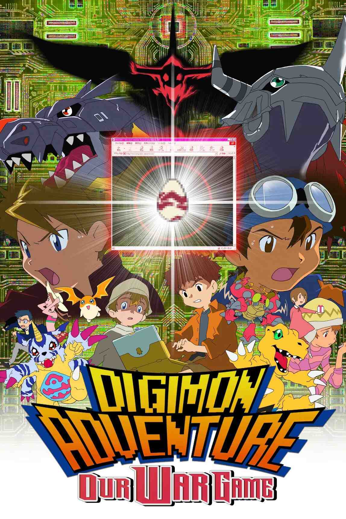 Poster chính thức của phim Phim Phiêu Lưu, Phim Hoạt Hình "Digimon Adventure Movie" (Our War Game - 2000), với sự tham gia của diễn viên Toshiko Fujita và Yuko Mizutani.