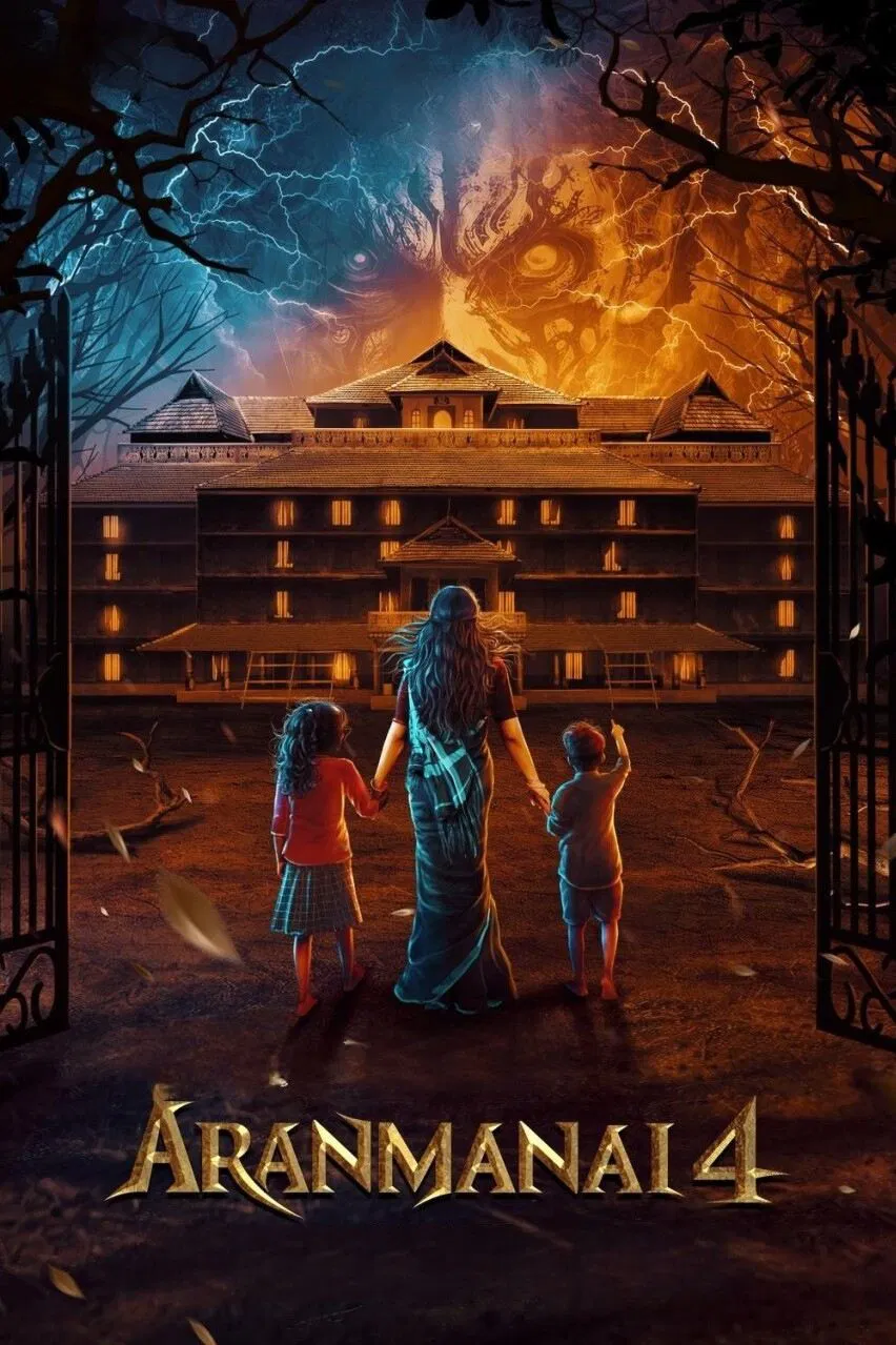 Poster chính thức của phim Phim Kinh Dị, Phim Hài "Dinh Thự Ma Quái 4" (Aranmanai 4 - 2024), với sự tham gia của diễn viên Sundar C và Tamannaah Bhatia.