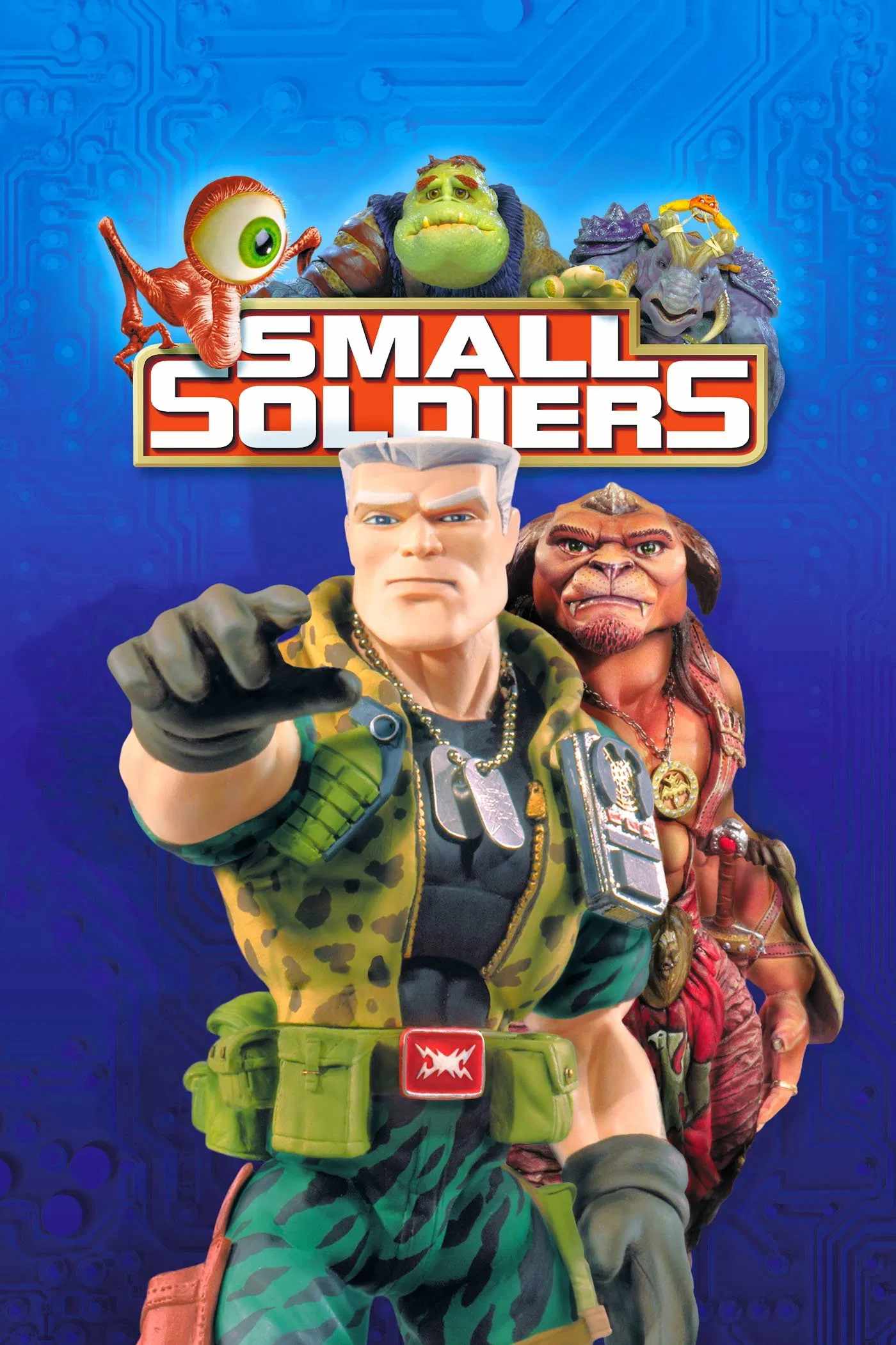 Poster chính thức của phim Phim Hài, Phim Phiêu Lưu "Đội Quân Tí Hon" (Small Soldiers - 1998), với sự tham gia của diễn viên Gregory Smith và Kirsten Dunst.
