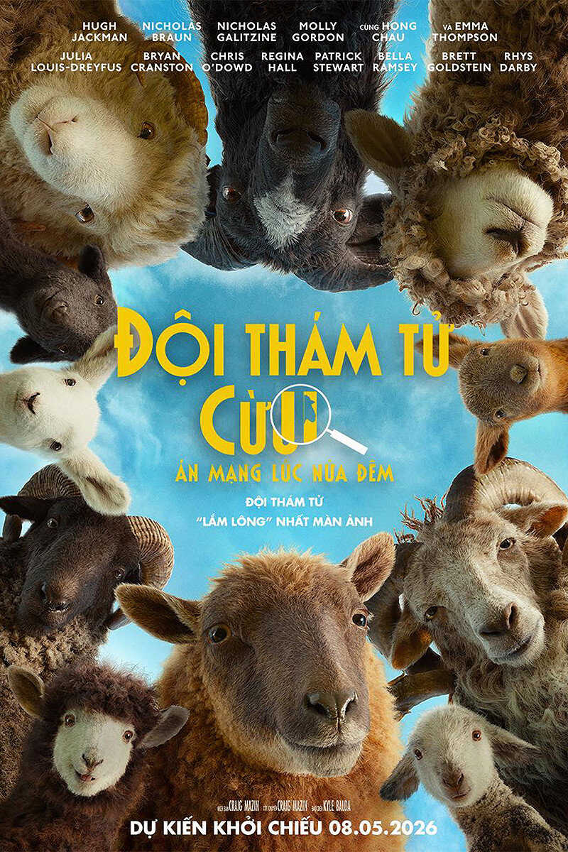 Poster chính thức của phim Phim Bí Ẩn, Phim Hình Sự "Đội Thám Tử Cừu: Án Mạng Lúc Nửa Đêm" (The Sheep Detectives - 2026), với sự tham gia của diễn viên Hugh Jackman và Emma Thompson.