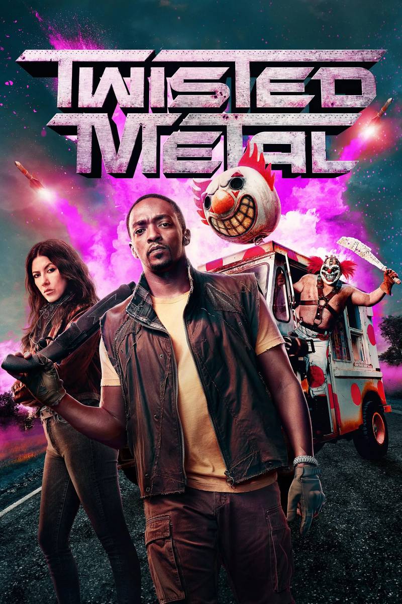 Poster chính thức của phim Phim Hành Động & Phiêu Lưu, Phim Hài "Đua Xe Bắn Súng (Phần 2)" (Twisted Metal - 2023), với sự tham gia của diễn viên Anthony Mackie và Stephanie Beatriz.