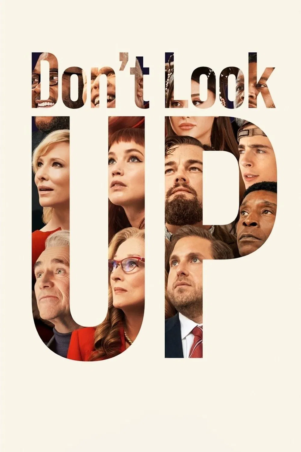 Poster chính thức của phim Phim Hài, Phim Viễn Tưởng "Đừng Nhìn Lên" (Don't Look Up - 2021), với sự tham gia của diễn viên Leonardo DiCaprio và Jennifer Lawrence.