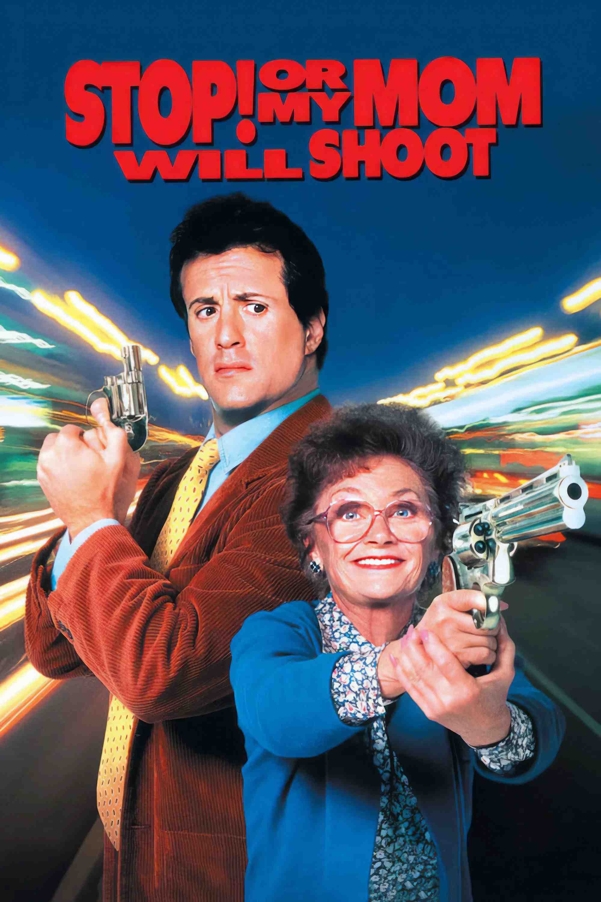 Poster chính thức của phim Phim Hành Động, Phim Hài "Đứng Yên! Không Mẹ Tôi Bắn" (Stop! Or My Mom Will Shoot - 1992), với sự tham gia của diễn viên Sylvester Stallone và Estelle Getty.