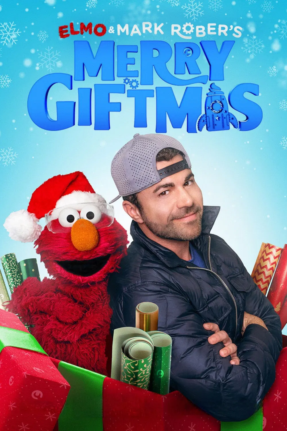 Poster chính thức của phim Phim Gia Đình, Phim Truyền Hình "Elmo Và Mark Rober: Giáng Sinh Vui Quà Tặng" (Elmo and Mark Rober's Merry Giftmas - 2025), với sự tham gia của diễn viên Mark Rober và Bam Singhasaneh.