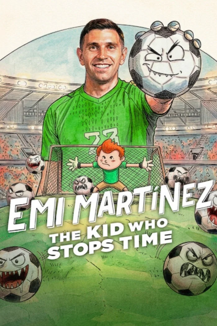 Poster chính thức của phim Phim Hoạt Hình, Phim Tài Liệu "Emi Martínez Cậu Bé Ngừng Thời Gian (Dibu Martínez: El pibe que ataja el tiempo)" (Emi Martínez: The Kid Who Stops Time - 2026), với sự tham gia của diễn viên Emiliano Martínez và Lionel Messi.