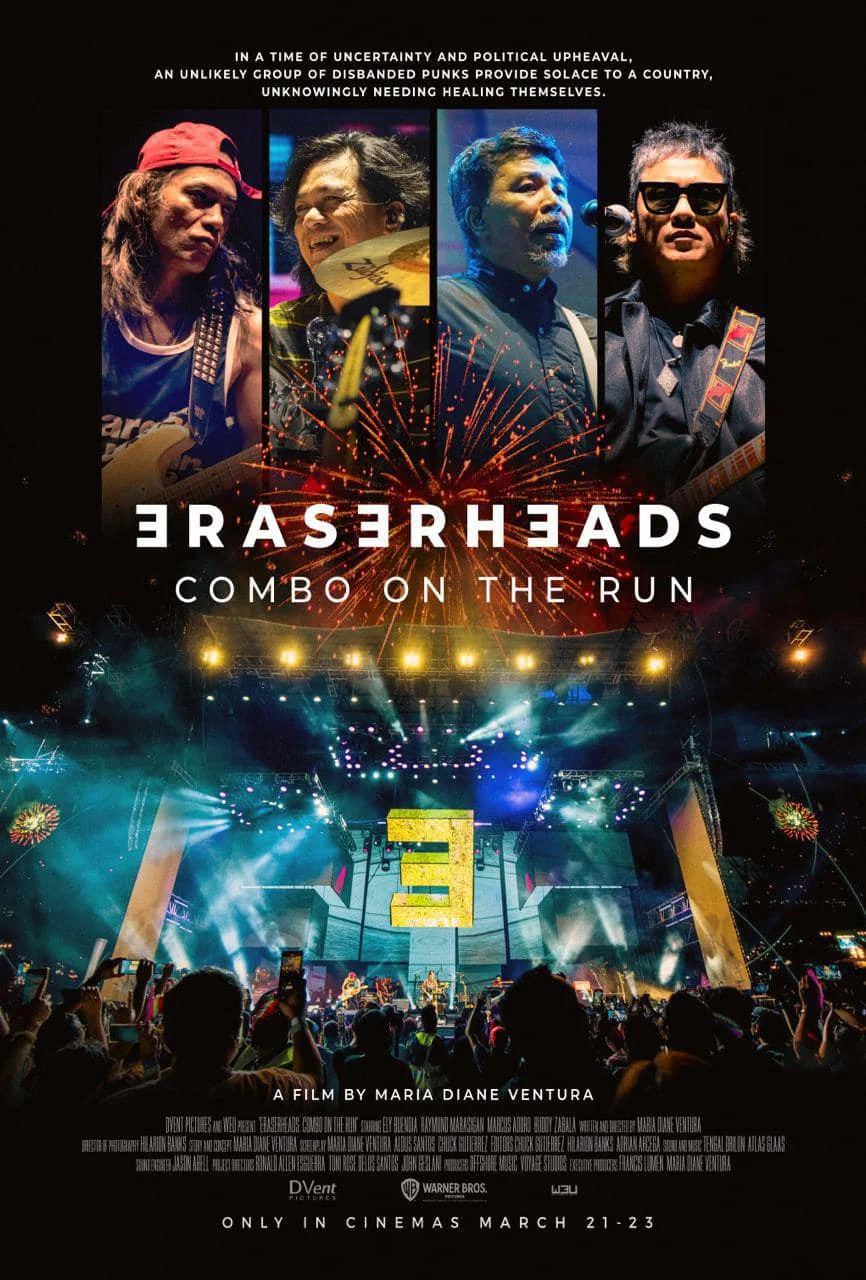 Poster chính thức của phim Phim Tài Liệu, Phim Ca Nhạc "Eraserheads: Combo on the Run" (Eraserheads: Combo on the Run - 2025), với sự tham gia của diễn viên Ely Buendia và Raymund Marasigan.