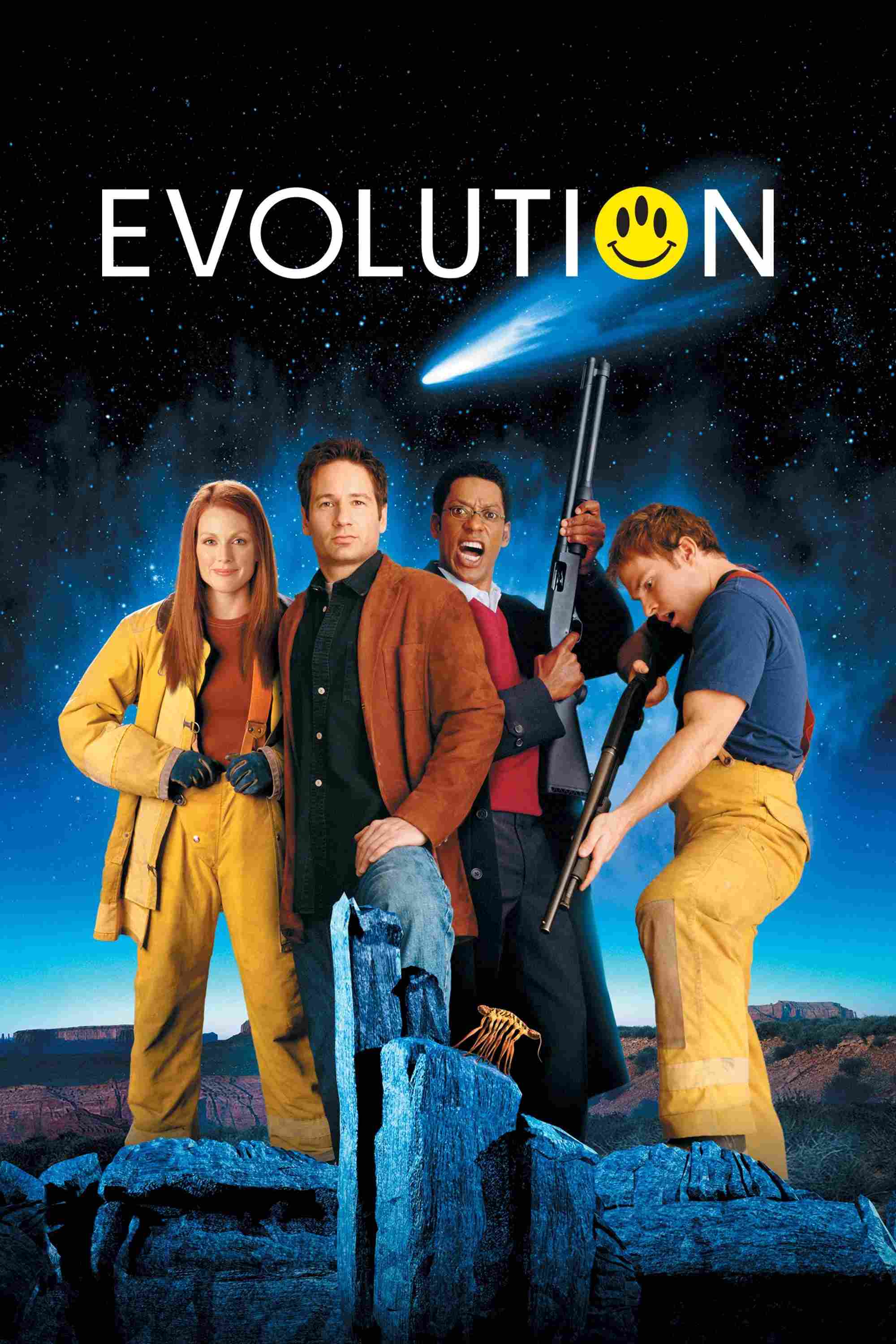 Poster chính thức của phim Phim Hài, Phim Viễn Tưởng "Evolution" (Evolution - 2001), với sự tham gia của diễn viên David Duchovny và Julianne Moore.