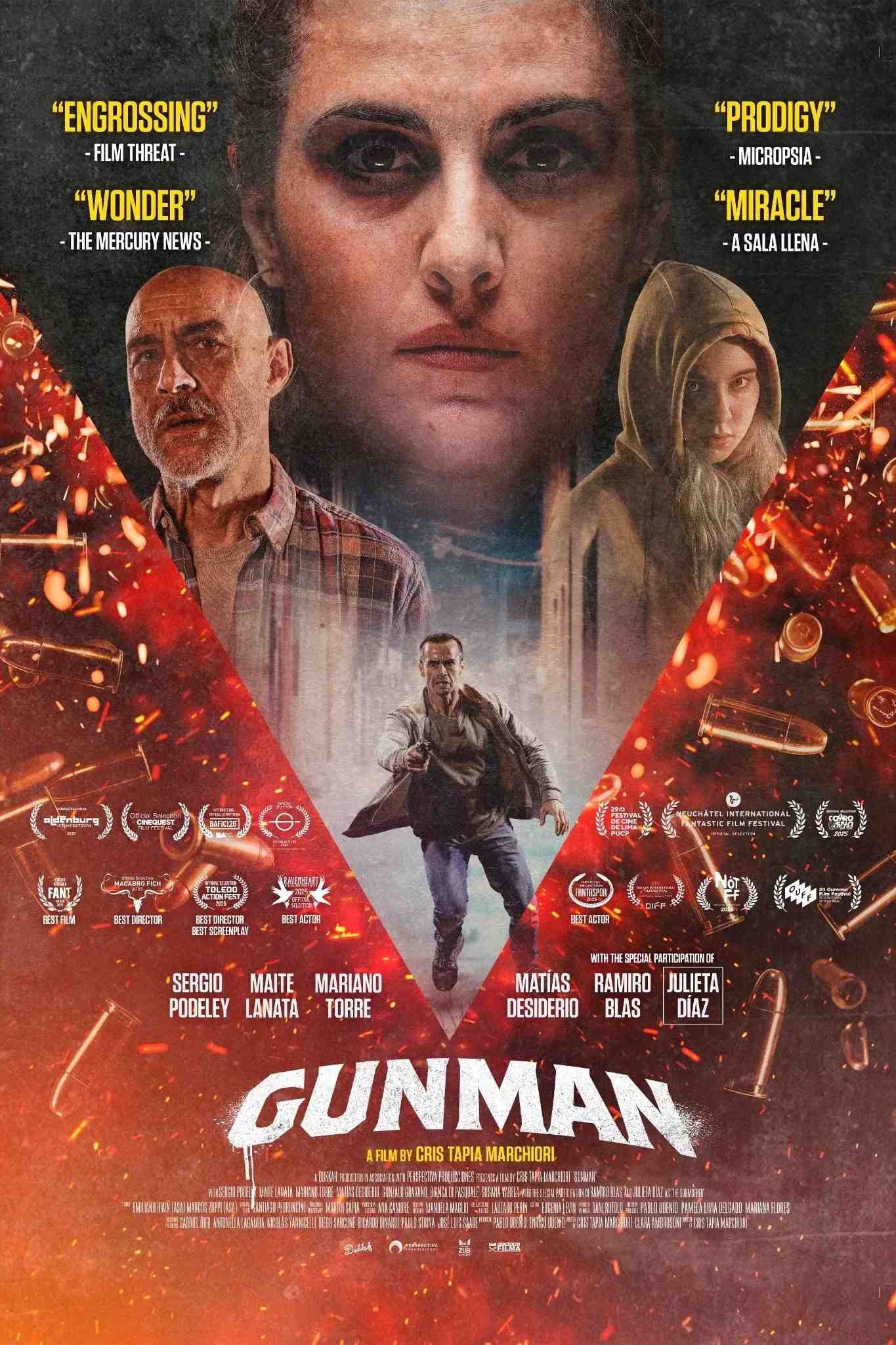 Poster chính thức của phim Phim Giật Gân, Phim Hành Động "Gatillero" (Gunman - 2025), với sự tham gia của diễn viên Sergio Podeley và Julieta Díaz.