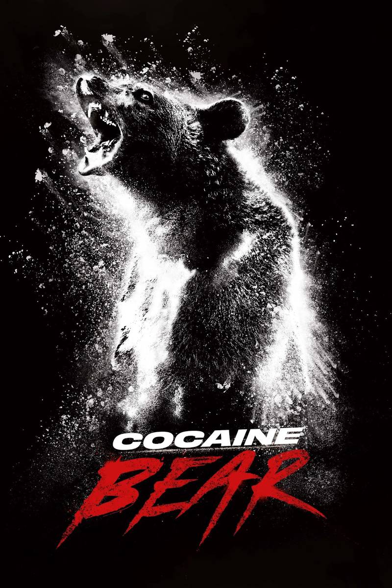 Poster chính thức của phim Phim Giật Gân, Phim Hài "Con Gấu Phê Cần" (Cocaine Bear - 2023), với sự tham gia của diễn viên Keri Russell và Alden Ehrenreich.