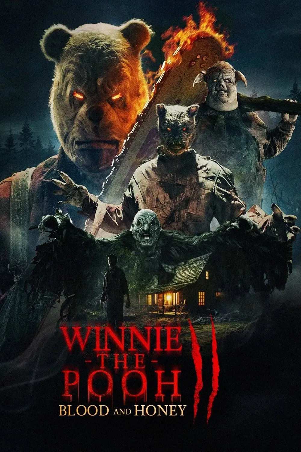 Poster chính thức của phim Phim Kinh Dị, Phim Giật Gân "Gấu Pooh: Máu và Mật 2" (Winnie-the-Pooh: Blood and Honey 2 - 2024), với sự tham gia của diễn viên Scott Chambers và Tallulah Evans.