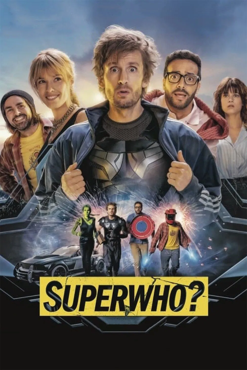 Poster chính thức của phim Phim Hài, Phim Hành Động "Giả Danh Anh Hùng" (Superwho? - 2022), với sự tham gia của diễn viên Philippe Lacheau và Julien Arruti.
