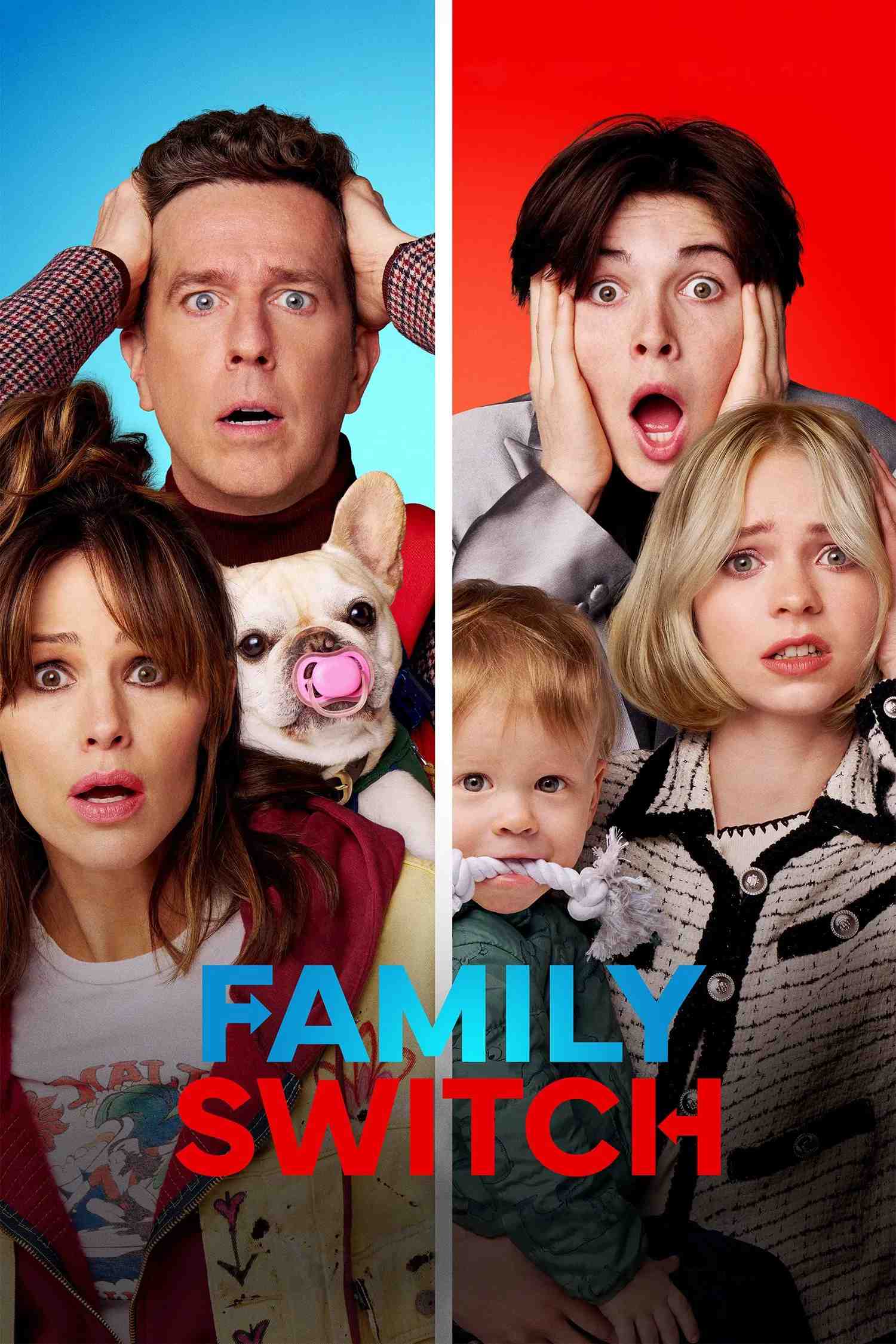 Poster chính thức của phim Phim Hài, Phim Giả Tượng "Gia đình đại loạn" (Family Switch - 2023), với sự tham gia của diễn viên Jennifer Garner và Ed Helms.