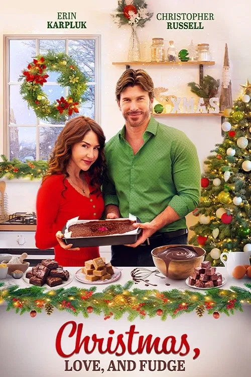 Poster chính thức của phim Phim Tình Cảm, Phim Hài "Giáng Sinh Sốt Dẻo" (Christmas, Love and Fudge - 2024), với sự tham gia của diễn viên Erin Karpluk và Christopher Russell.