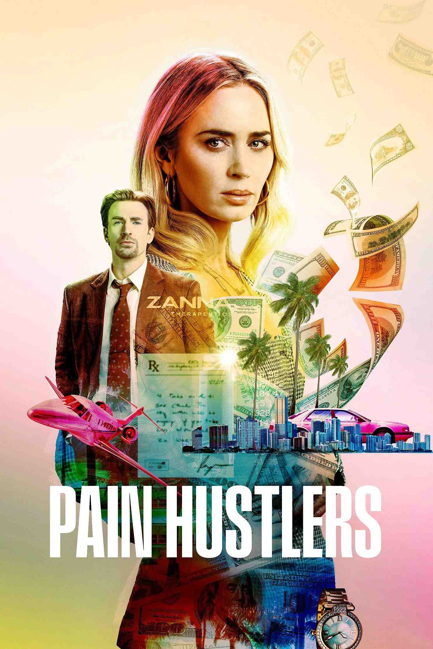 Poster chính thức của phim Phim Tâm Lý "Giao Kèo Nỗi Đau" (Pain Hustlers - 2023), với sự tham gia của diễn viên Emily Blunt và Chris Evans.