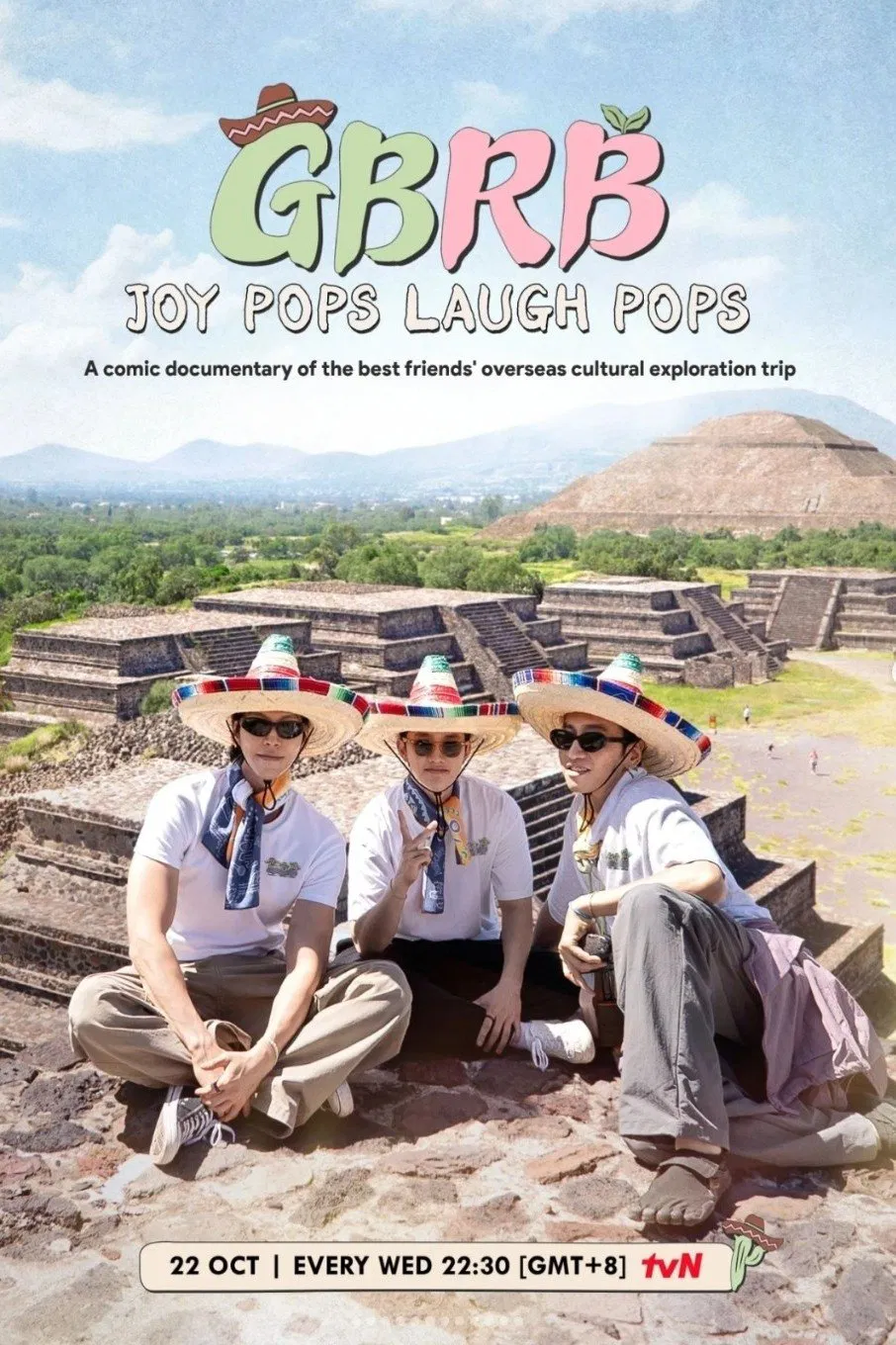 Poster chính thức của phim Truyền Hình Thực Tế "Gieo Gì Gặt Nấy: Ngoại Truyện Mexico" (GBRB: Joy Pops Laugh Pops - 2025), với sự tham gia của diễn viên Lee Kwang-soo và Kim Woo-bin.