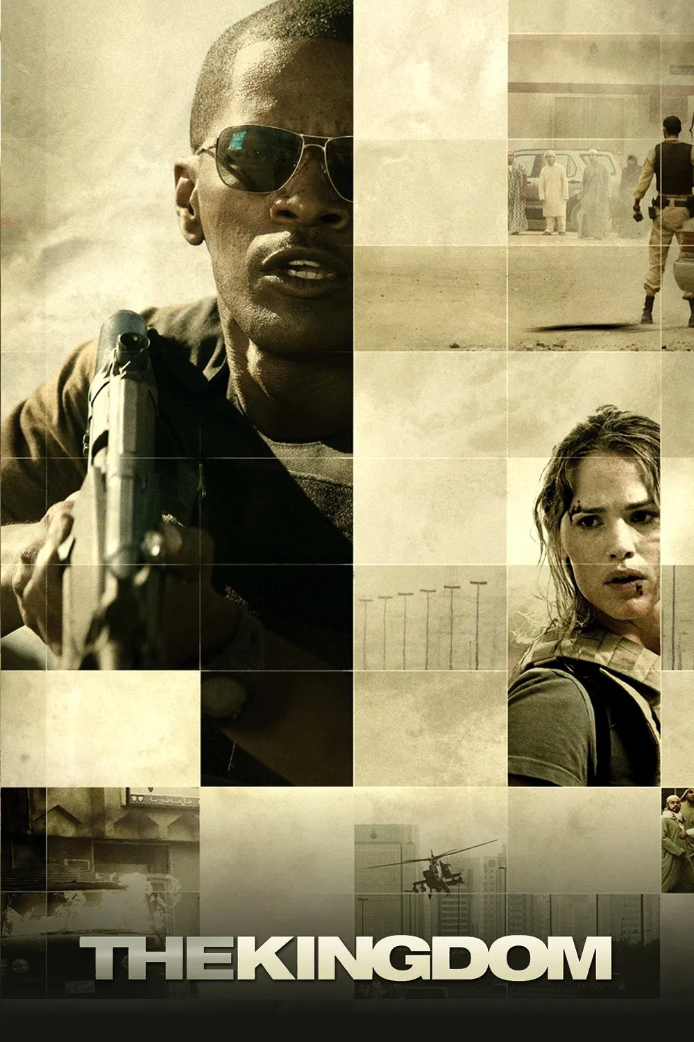 Poster chính thức của phim Phim Giật Gân, Phim Hành Động "Giữa Sa Mạc Lửa" (The Kingdom - 2007), với sự tham gia của diễn viên Jamie Foxx và Jennifer Garner.