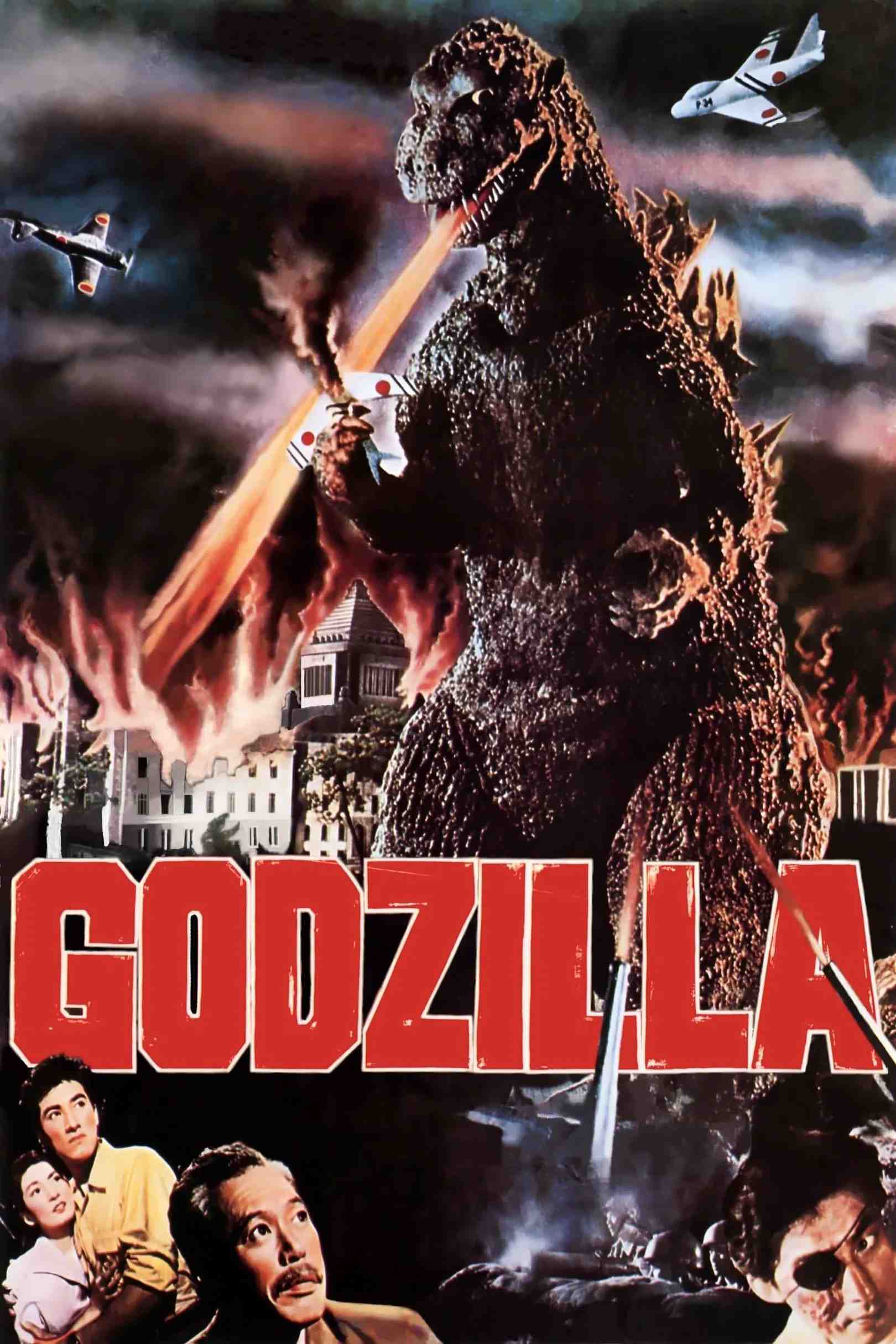 Poster chính thức của phim Phim Giật Gân, Phim Kinh Dị "Godzilla" (Godzilla - 1954), với sự tham gia của diễn viên Akira Takarada và Momoko Kôchi.